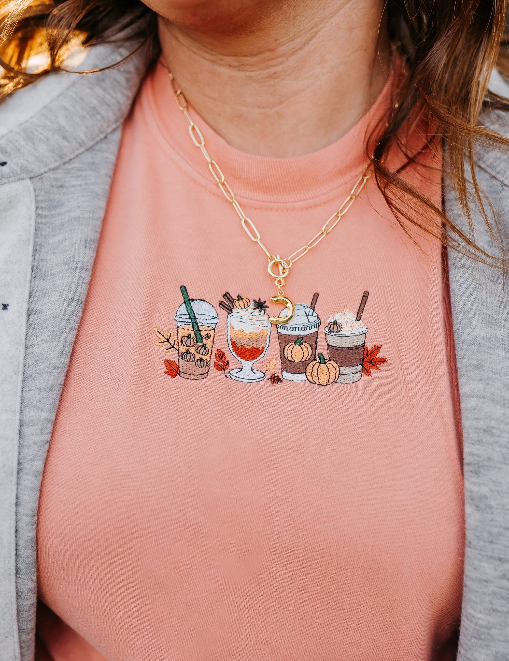 Embroidered Comfort Colors Tee - Pumpkin Drinks (center) Little Mama Shirt Shop
