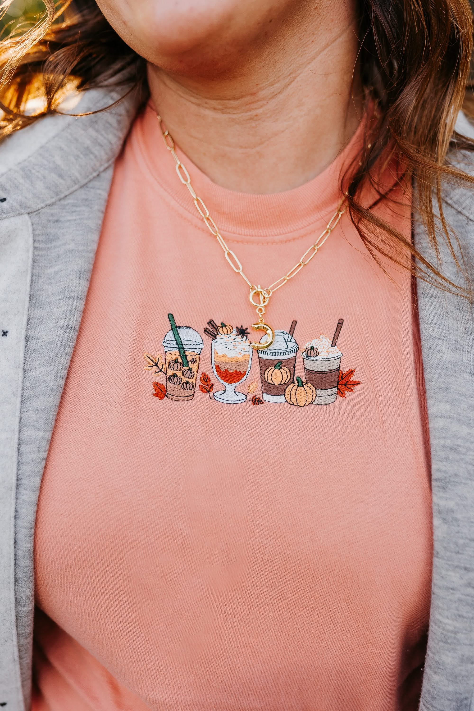 Embroidered Comfort Colors Tee - Pumpkin Drinks (center) Little Mama Shirt Shop