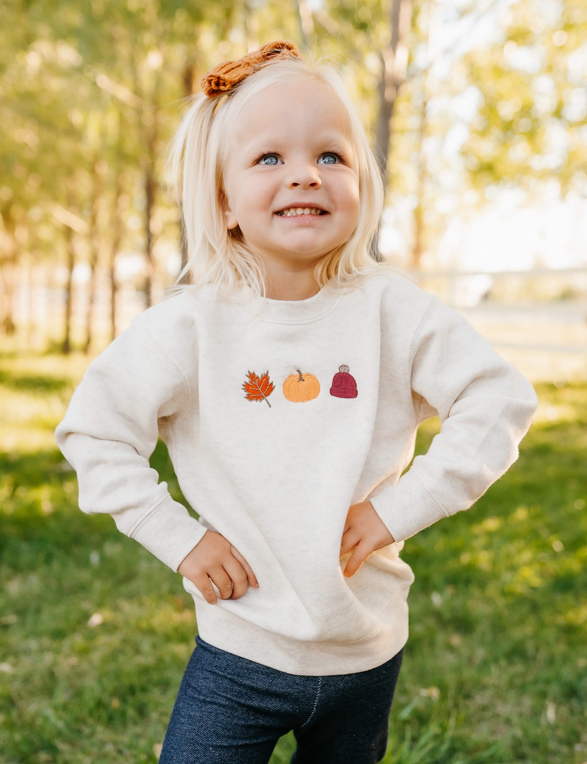 Embroidered Child Sweater - Natural Heather - Fall Trio (center) Little Mama Shirt Shop