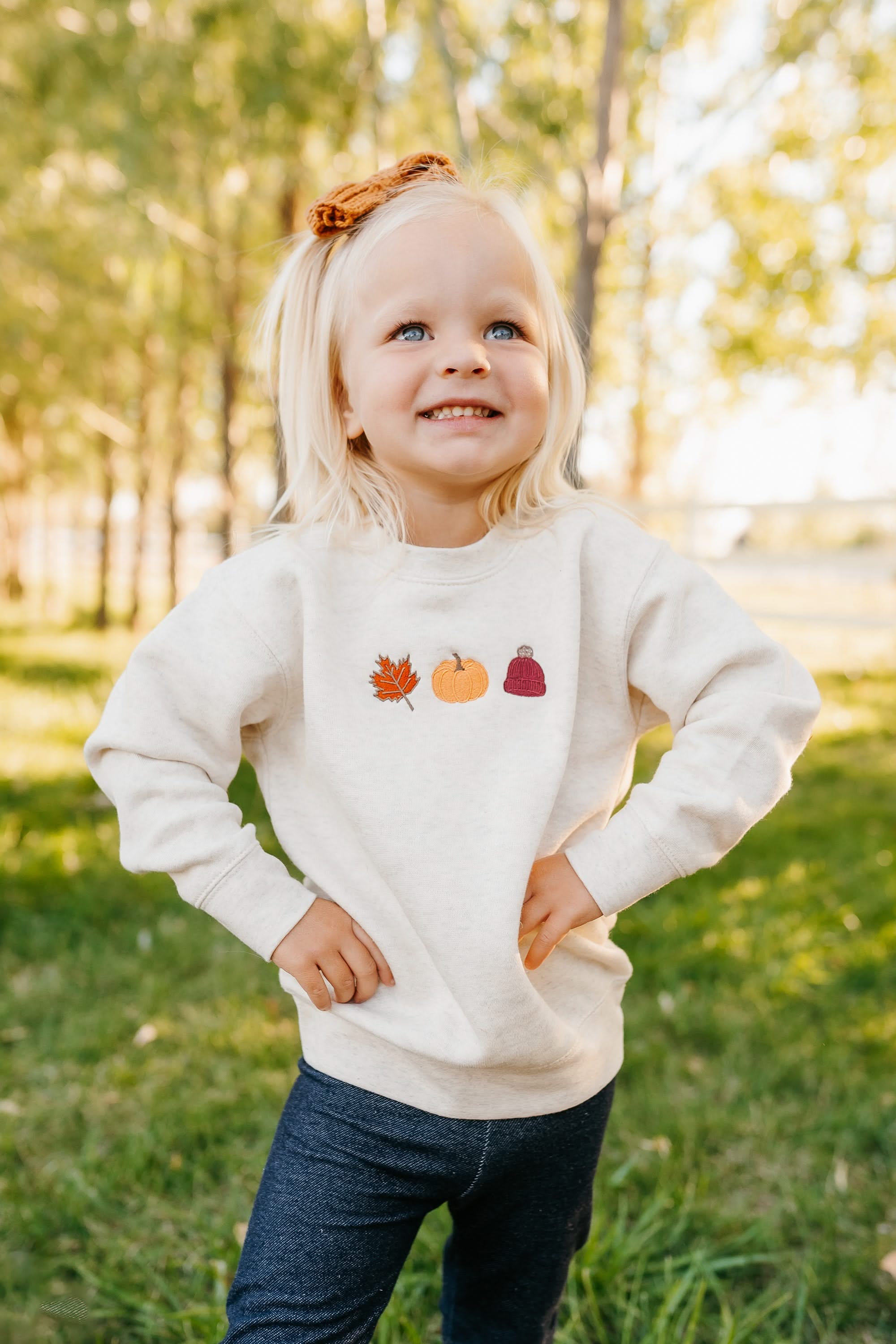 Embroidered Child Sweater - Natural Heather - Fall Trio (center) Little Mama Shirt Shop