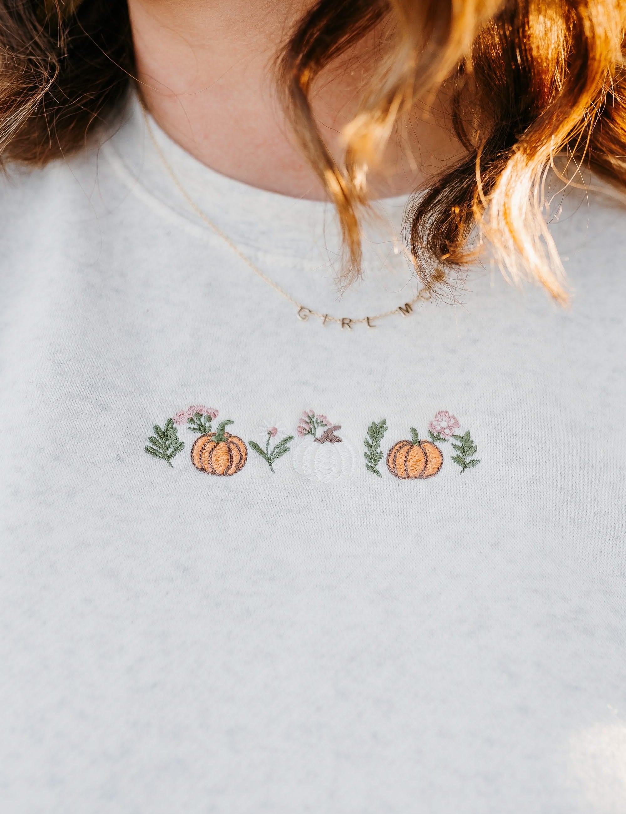 Embroidered ELEVATED Fleece - Pumpkins and Flowers (center) Little Mama Shirt Shop LLC