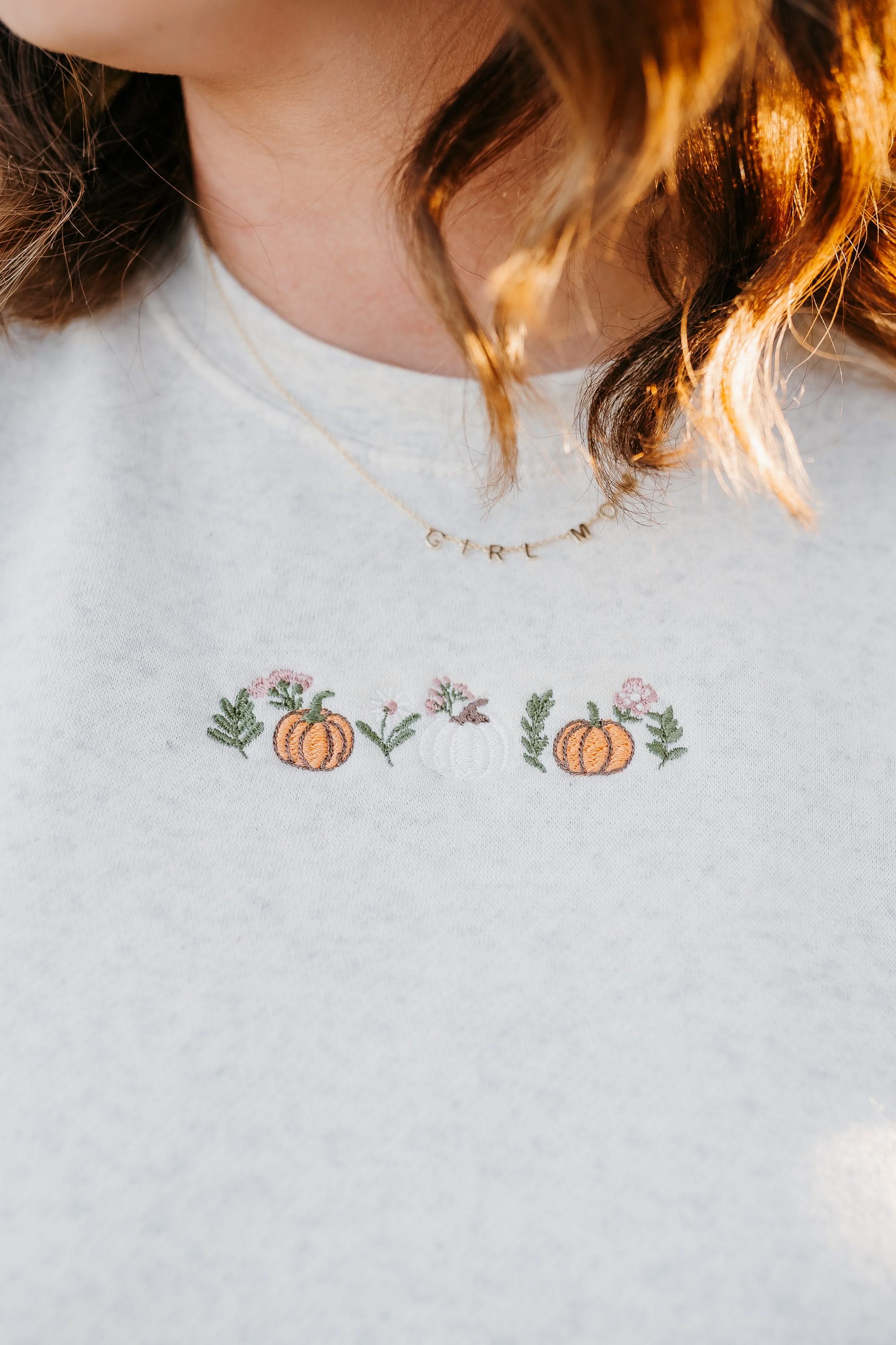 Embroidered ELEVATED Fleece - Pumpkins and Flowers (center) Little Mama Shirt Shop LLC