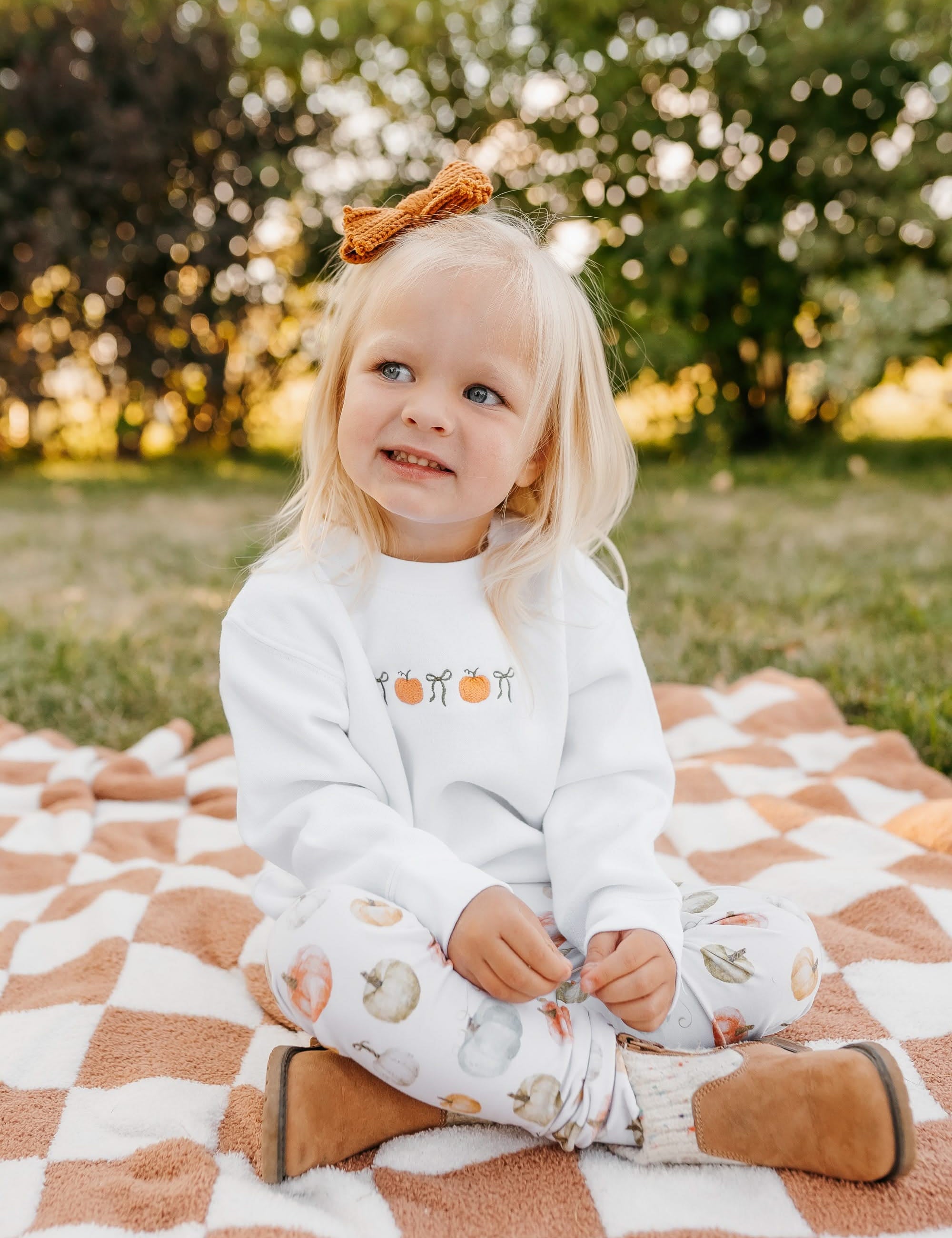 Embroidered Child Sweater - Pumpkins and Bows (center) Little Mama Shirt Shop
