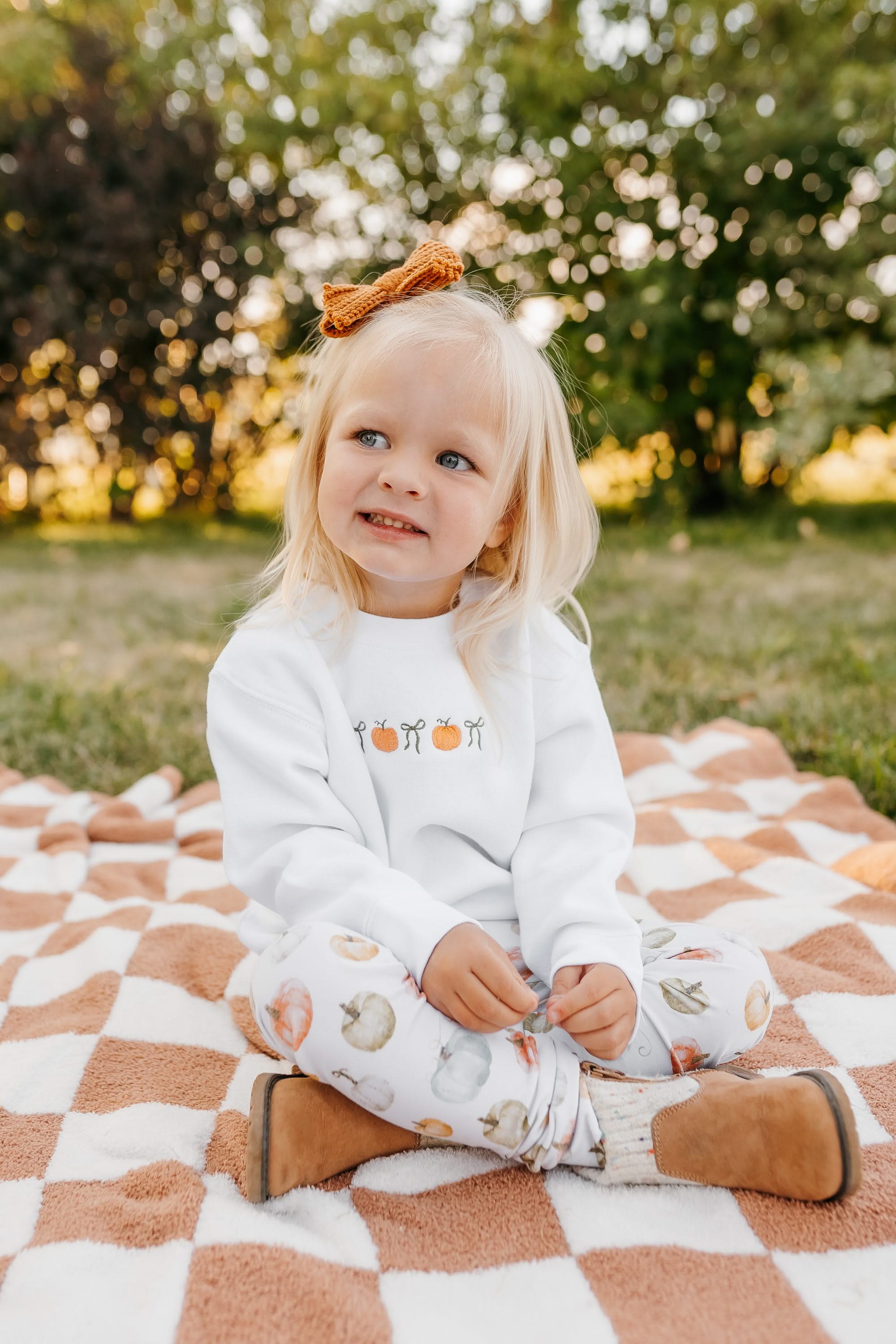 Embroidered Child Sweater - Pumpkins and Bows (center) Little Mama Shirt Shop