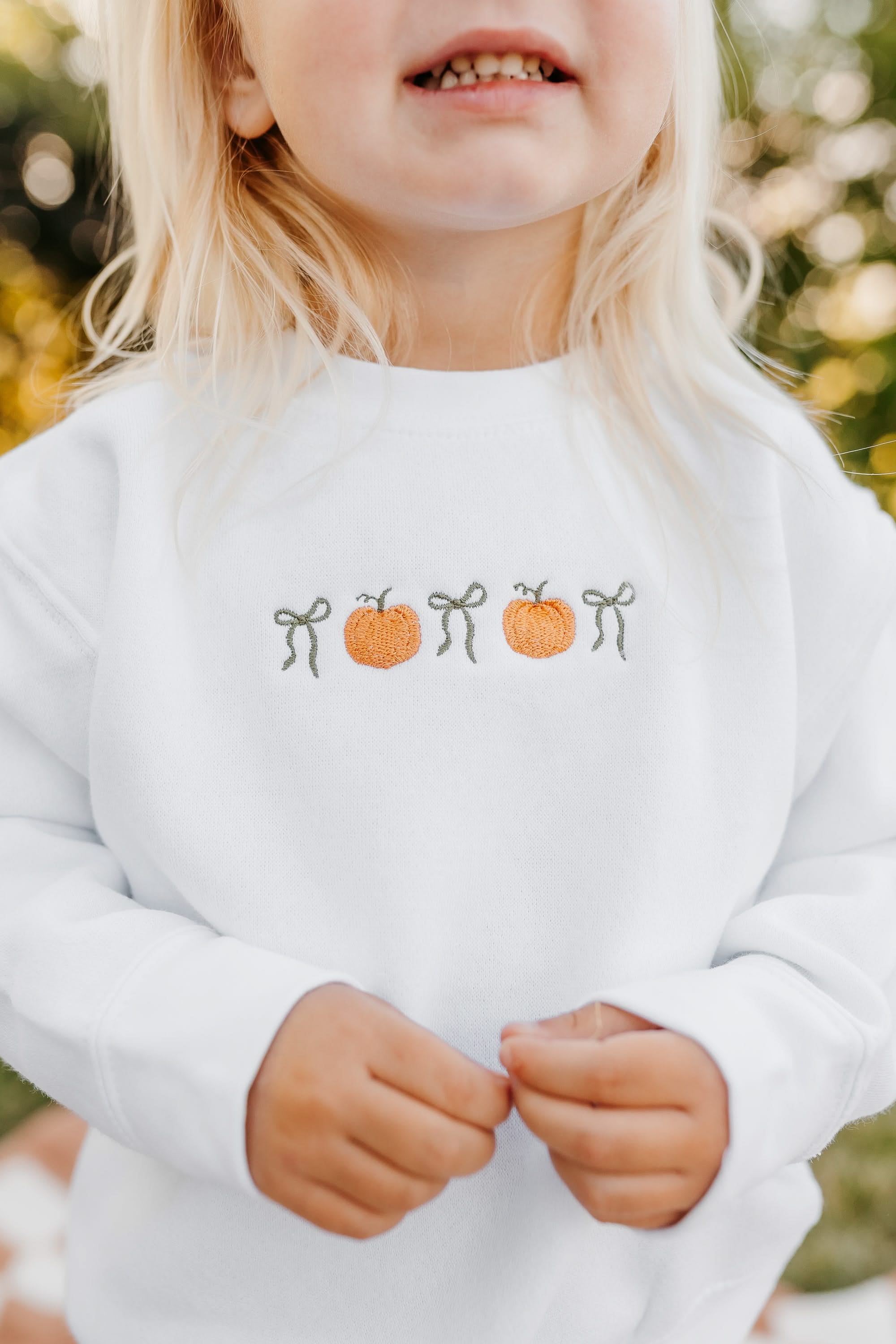 Embroidered Child Sweater - Pumpkins and Bows (center) Little Mama Shirt Shop