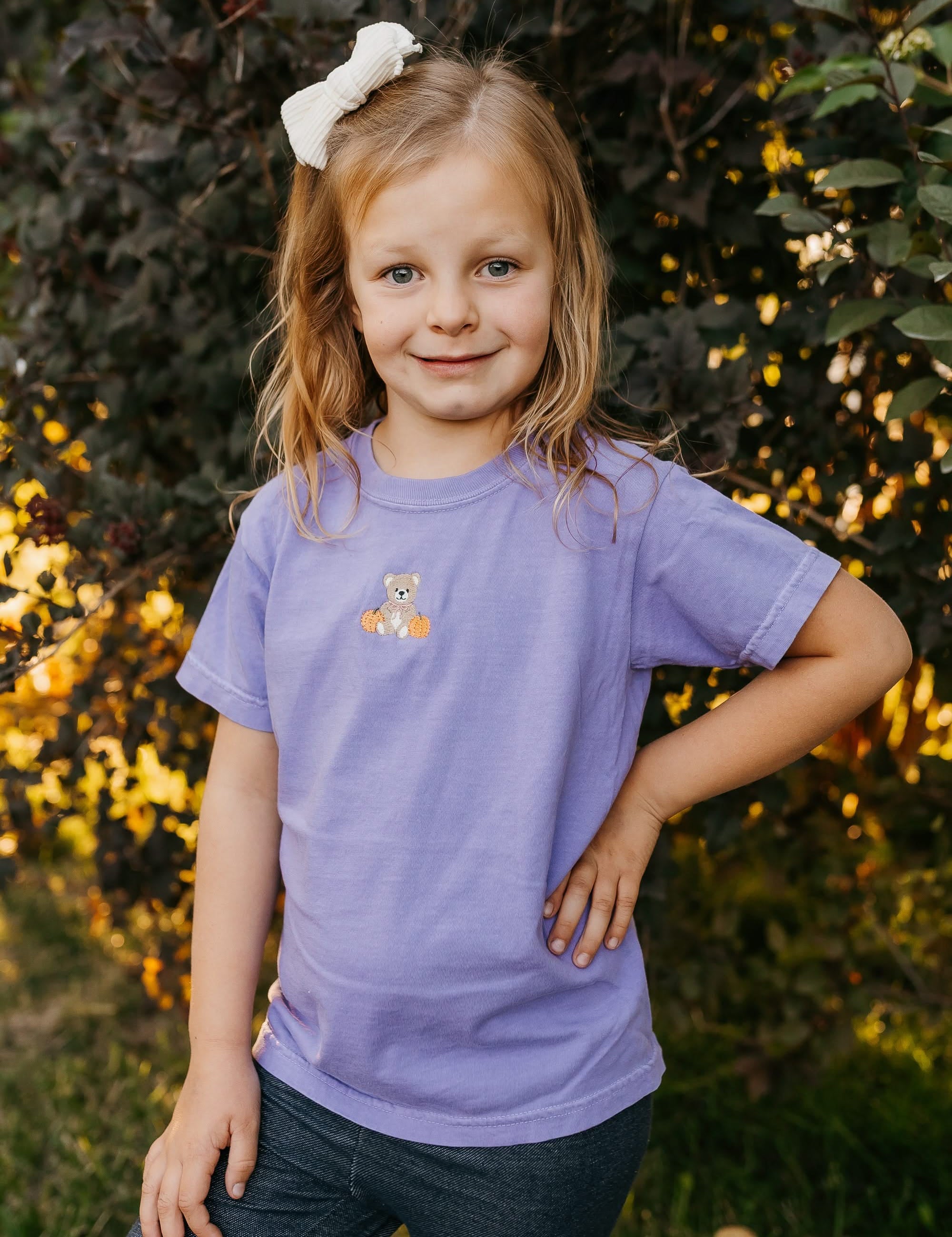 Embroidered YOUTH Comfort Colors Tee - Violet - Fall Teddy Bear (center) Little Mama Shirt Shop