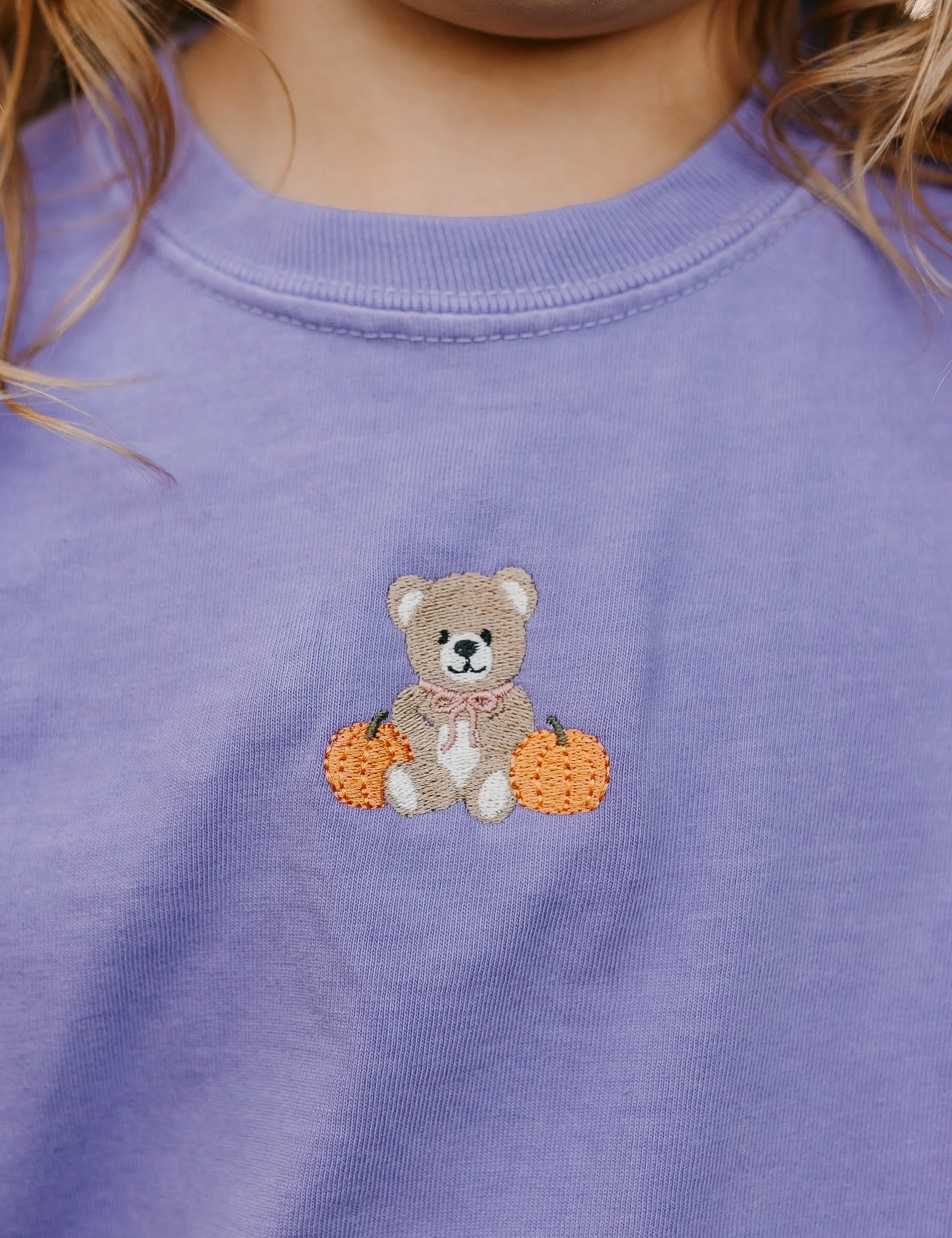 Embroidered YOUTH Comfort Colors Tee - Violet - Fall Teddy Bear (center) Little Mama Shirt Shop