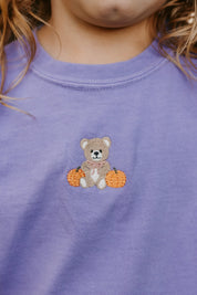 Embroidered YOUTH Comfort Colors Tee - Violet - Fall Teddy Bear (center) Little Mama Shirt Shop