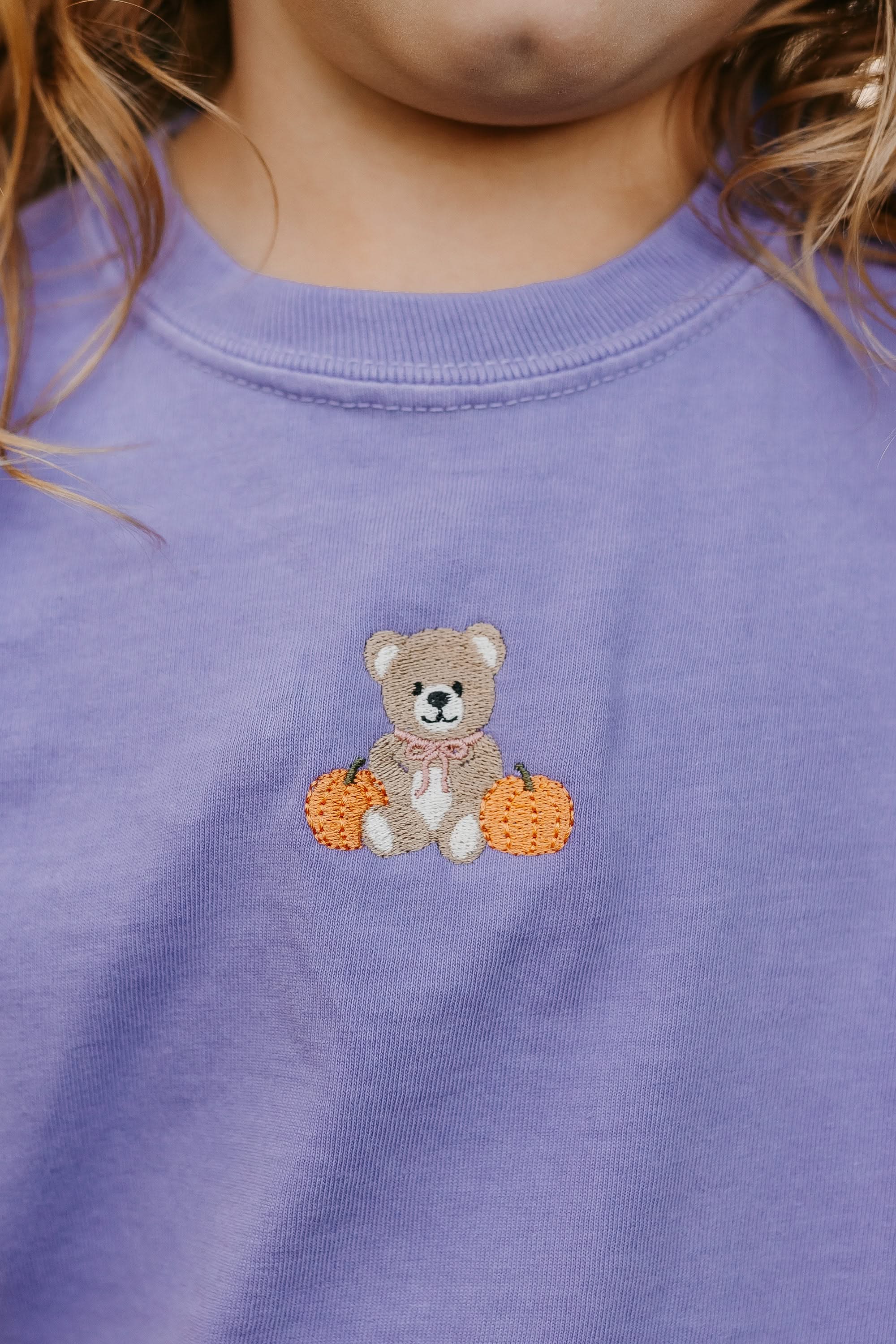 Embroidered YOUTH Comfort Colors Tee - Violet - Fall Teddy Bear (center) Little Mama Shirt Shop