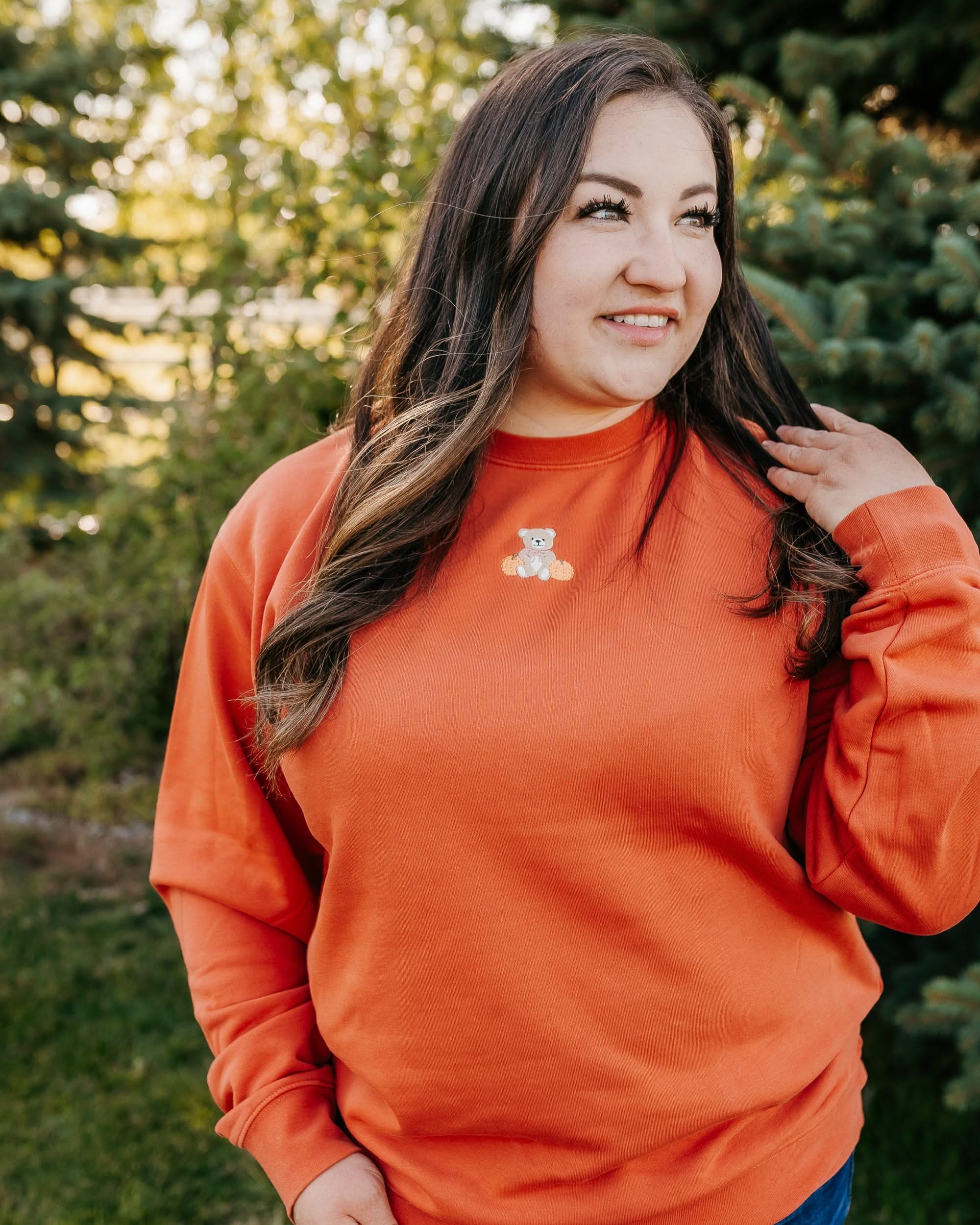 Embroidered PIGMENT Crewneck - Fall Teddy Bear (center) Little Mama Shirt Shop LLC