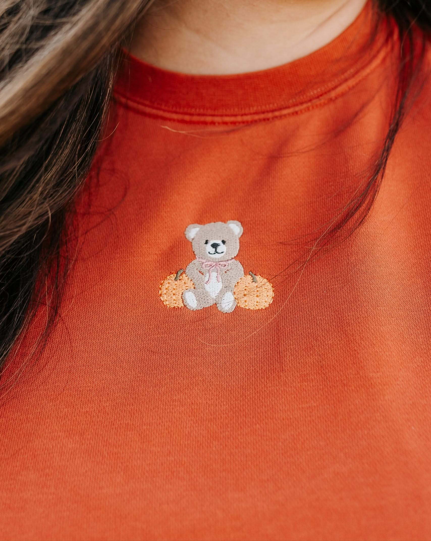 Embroidered PIGMENT Crewneck - Fall Teddy Bear (center) Little Mama Shirt Shop LLC