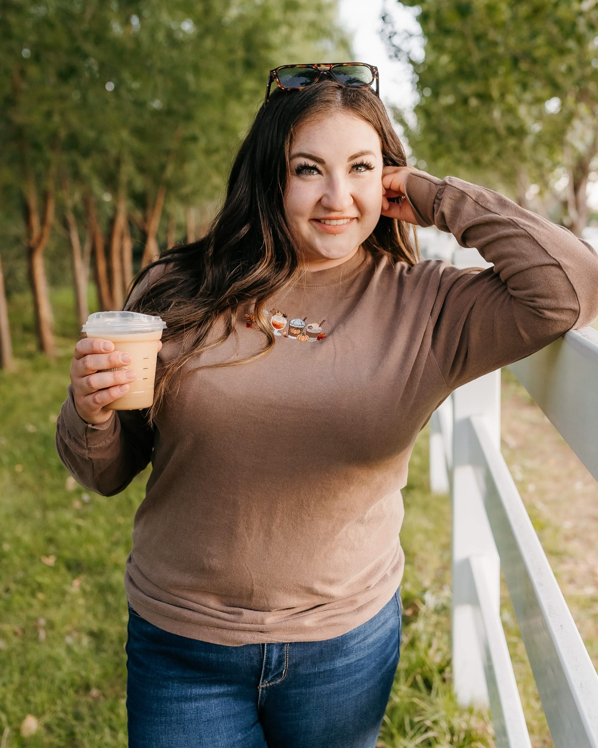 Embroidered LONG SLEEVE Comfort Colors Tee - Pumpkin Drinks (center) Little Mama Shirt Shop