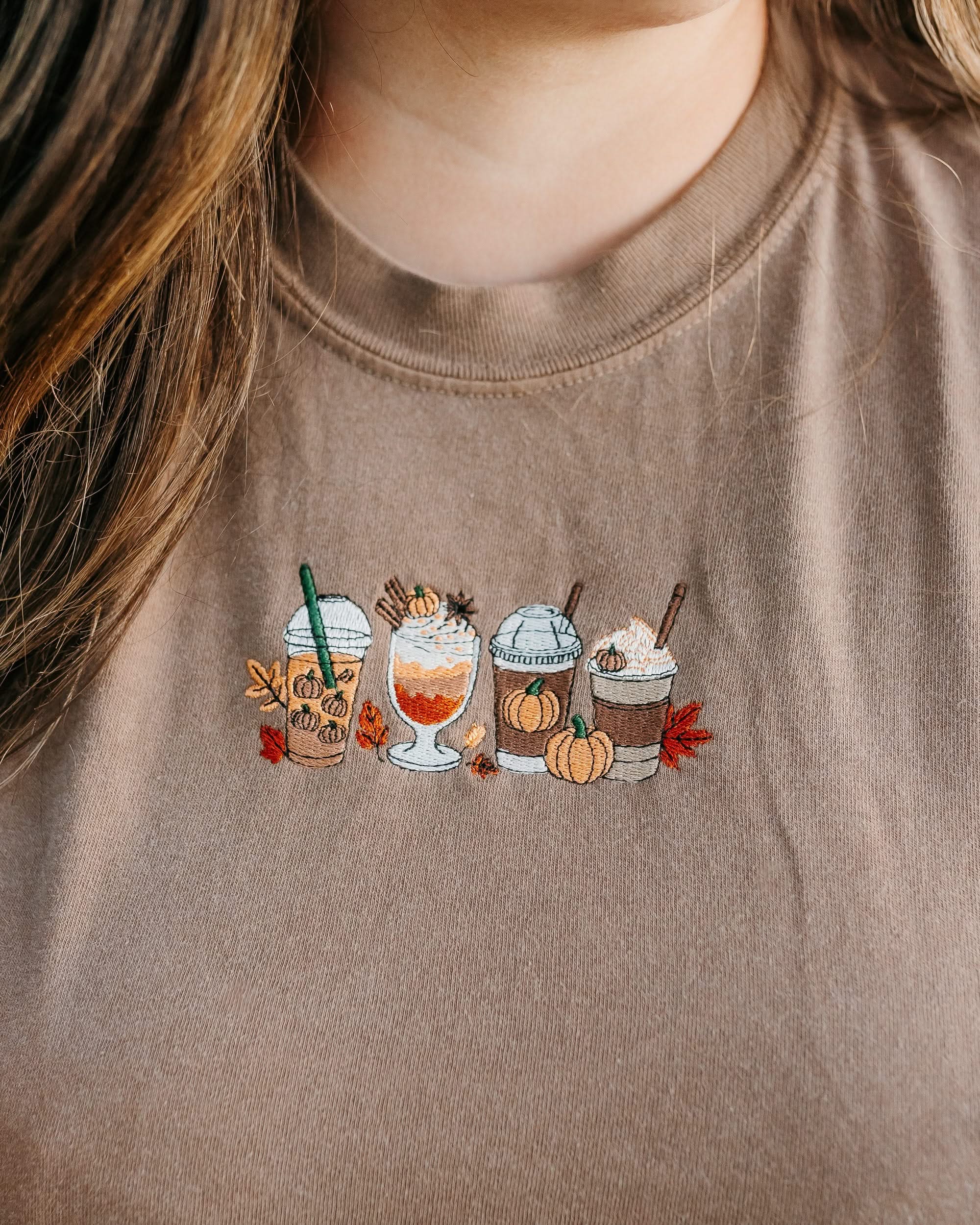 Embroidered LONG SLEEVE Comfort Colors Tee - Pumpkin Drinks (center) Little Mama Shirt Shop
