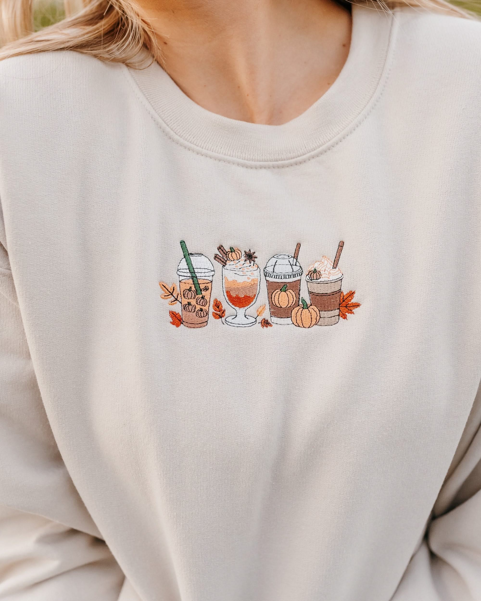 Embroidered BASIC Fleece - Pumpkin Drinks (center) Little Mama Shirt Shop LLC