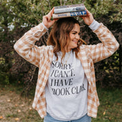 Unisex fleece sweatshirt in ash with “Sorry, I Can't. I Have Book Club.” design, on model – Little Mama Shirt Shop