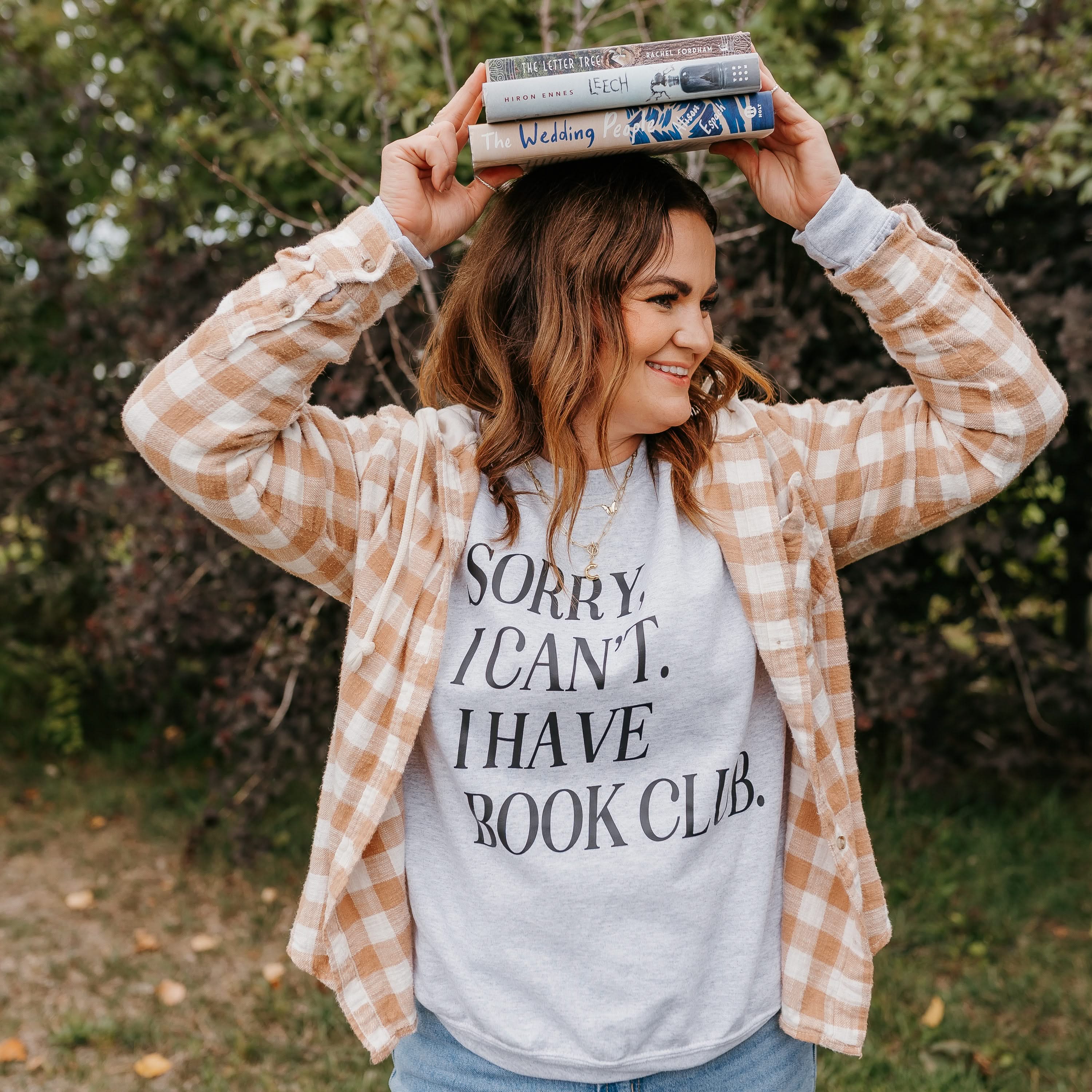 Unisex fleece sweatshirt in ash with “Sorry, I Can't. I Have Book Club.” design, on model – Little Mama Shirt Shop