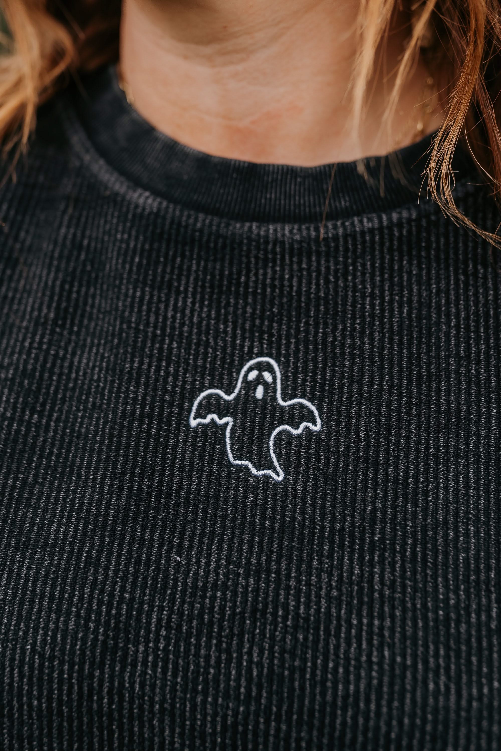 Haunting Ghost - Embroidered Black Corded Sweatshirt Little Mama Shirt Shop LLC