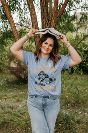 Comfort colors tee in washed denim with 'All Booked Forever' graphic, shown on model – Little Mama Shirt Shop