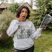 Basic fleece in ash with 'Big Book Energy' graphic, shown on model – Little Mama Shirt Shop