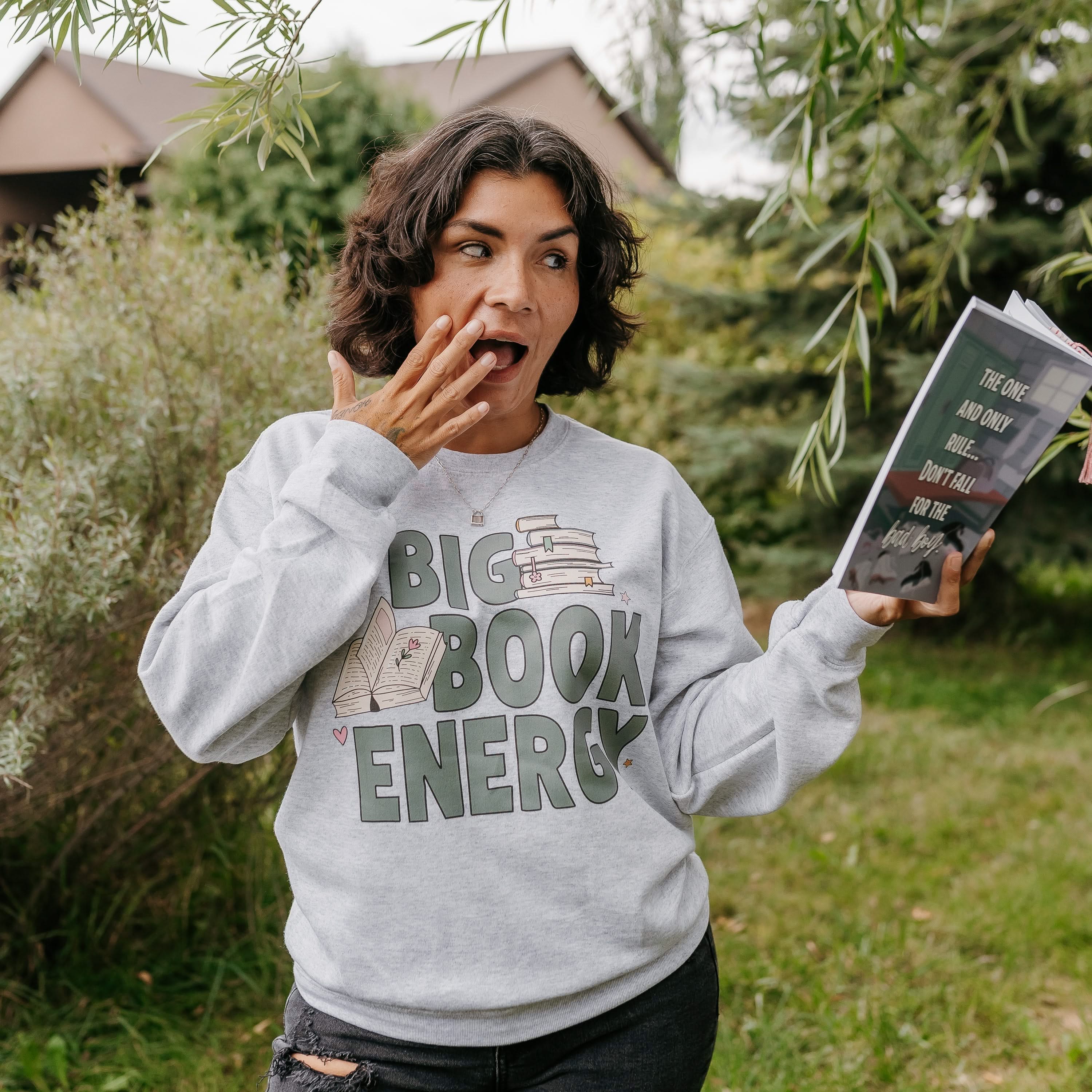 Basic fleece in ash with 'Big Book Energy' graphic, shown on model – Little Mama Shirt Shop