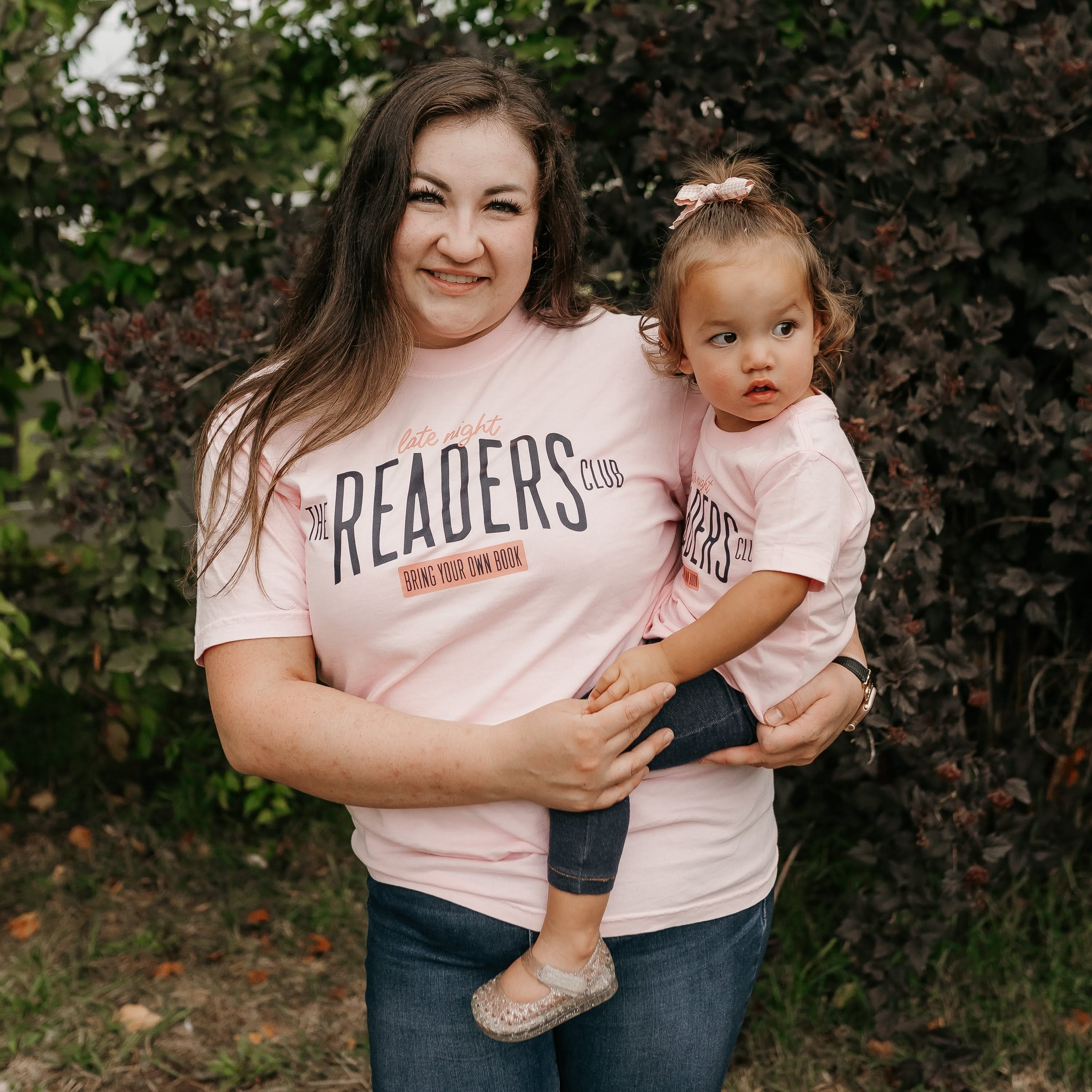Coordinating mommy and me tees in blossom and ballerina pink with “Late Night Readers Club BYOB” design models – Little Mama Shirt Shop