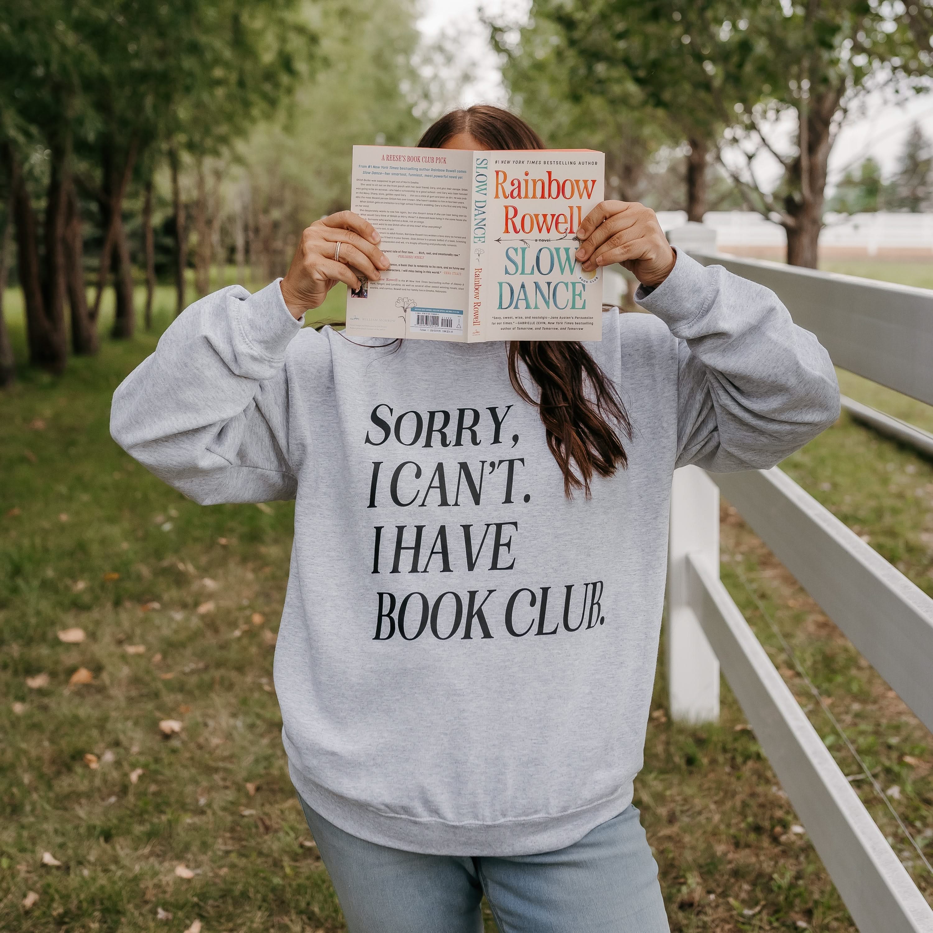 Unisex fleece sweatshirt in ash with “Sorry, I Can't. I Have Book Club.” design, on model – Little Mama Shirt Shop