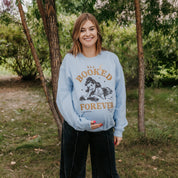 Basic fleece in light blue with 'All Booked Forever' graphic, shown on model – Little Mama Shirt Shop