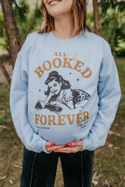 Basic fleece in light blue with 'All Booked Forever' graphic, shown on model – Little Mama Shirt Shop