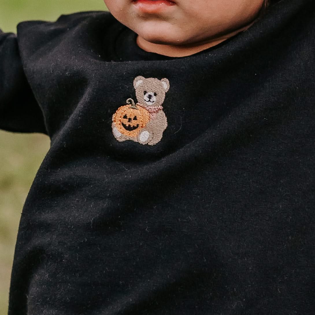 Teddy Bear Jack-o-Lantern - Embroidered Child Sweater Little Mama Shirt Shop