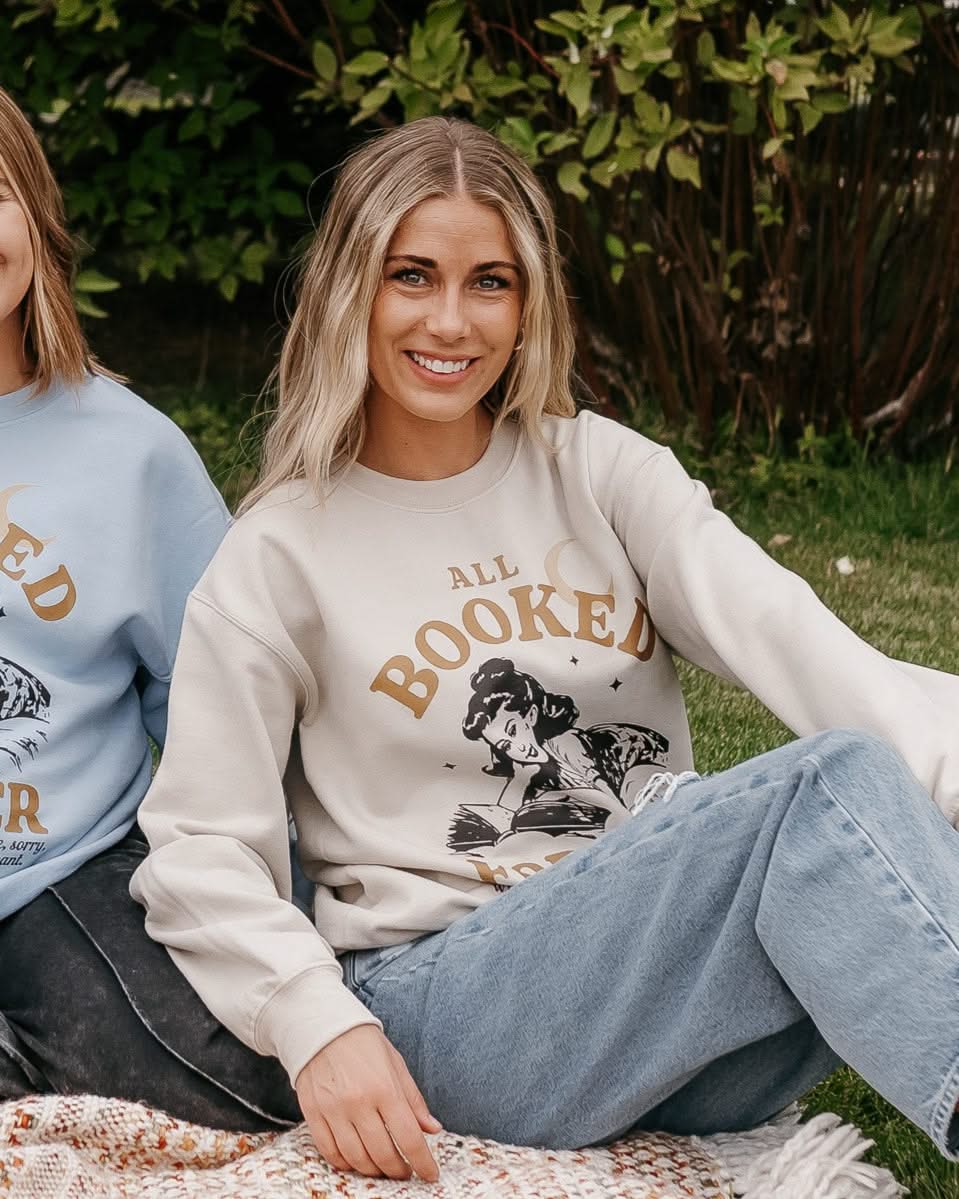 Basic fleece in sand with 'All Booked Forever' graphic, shown on model – Little Mama Shirt Shop