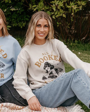Basic fleece in sand with 'All Booked Forever' graphic, shown on model – Little Mama Shirt Shop