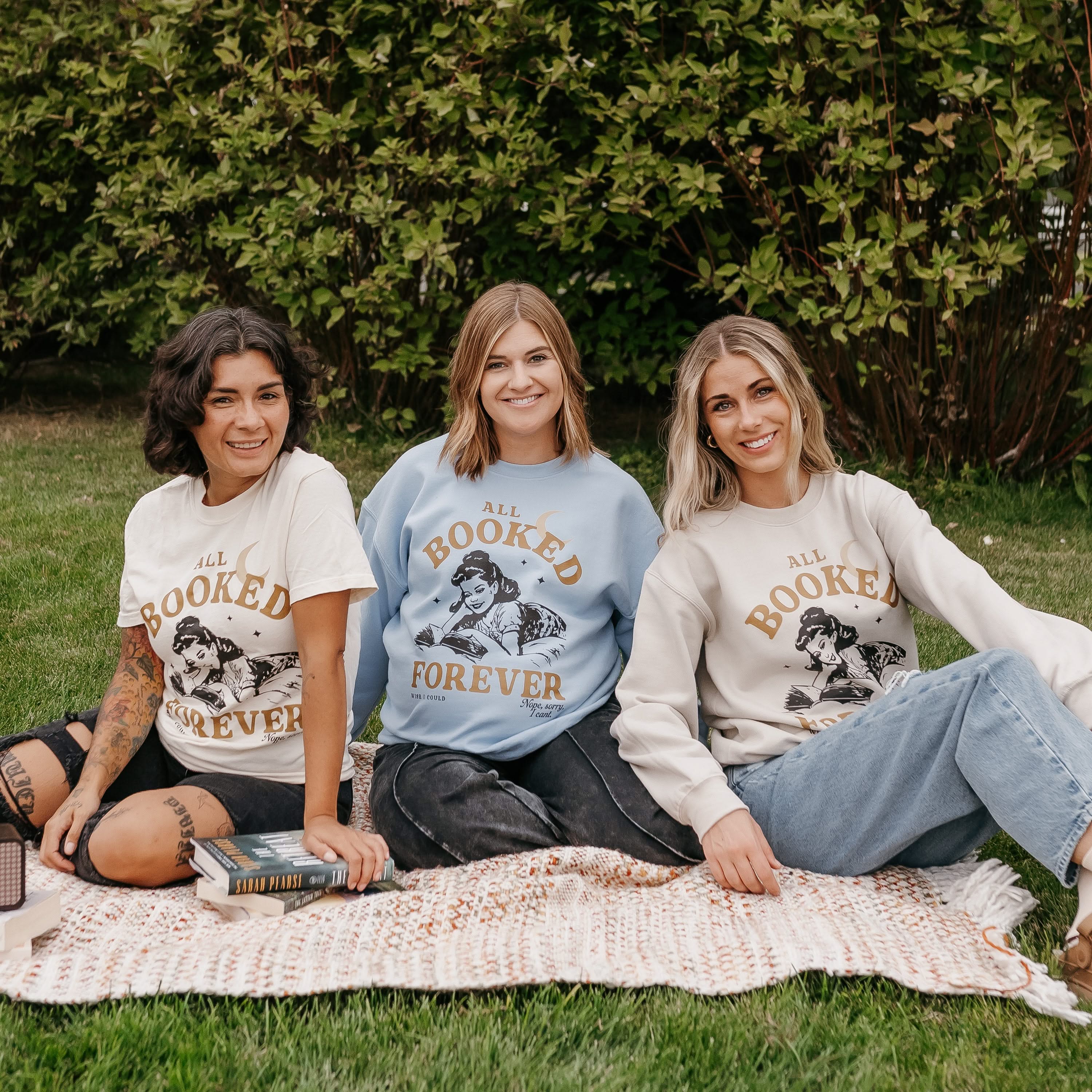 Comfort colors tee and Basic Fleece in light blue and ivory with 'All Booked Forever' graphic, shown on models – Little Mama Shirt Shop