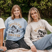 Basic fleece in light blue and sand with 'All Booked Forever' graphic, shown on models – Little Mama Shirt Shop