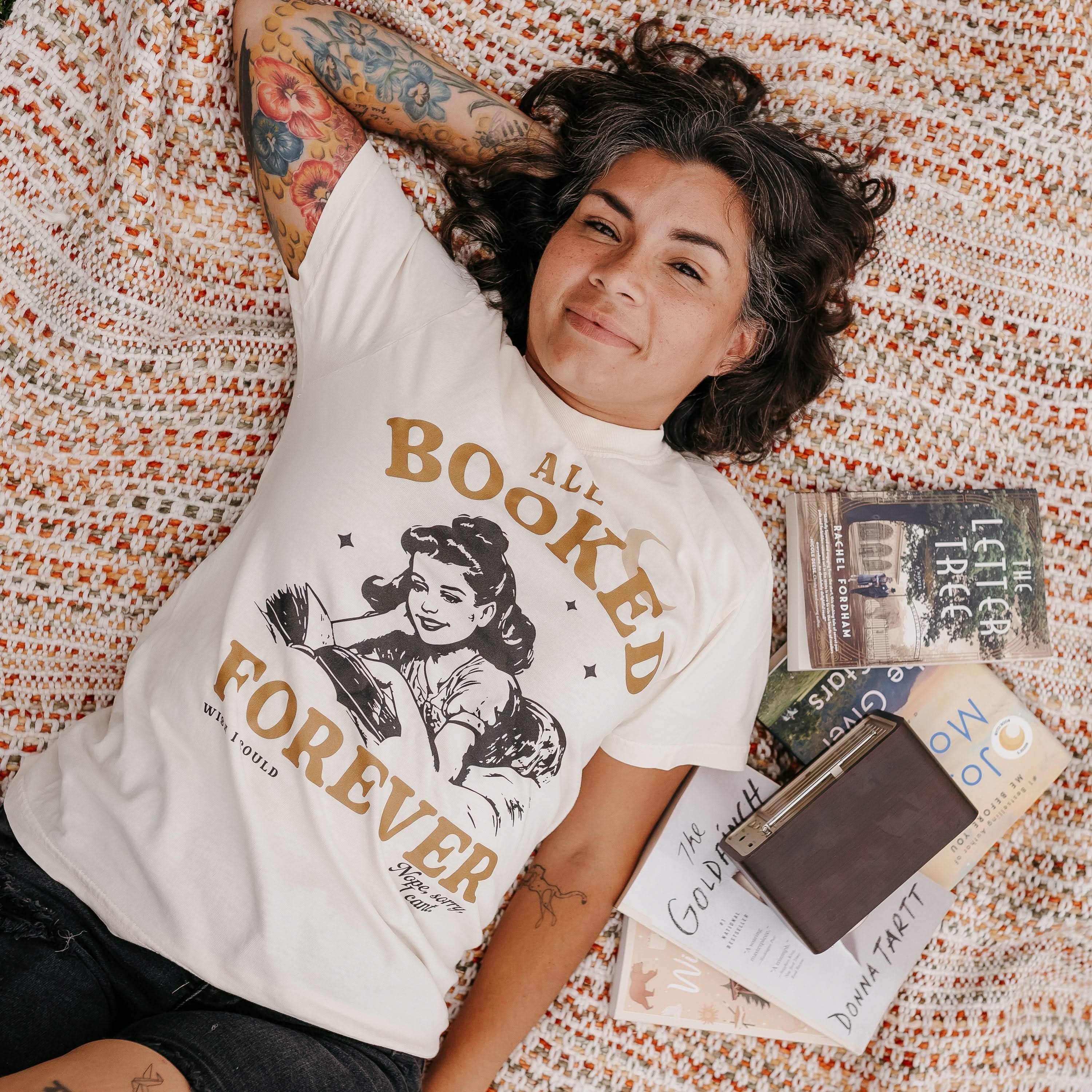 Comfort colors tee in ivory with 'All Booked Forever' graphic, shown on model – Little Mama Shirt Shop