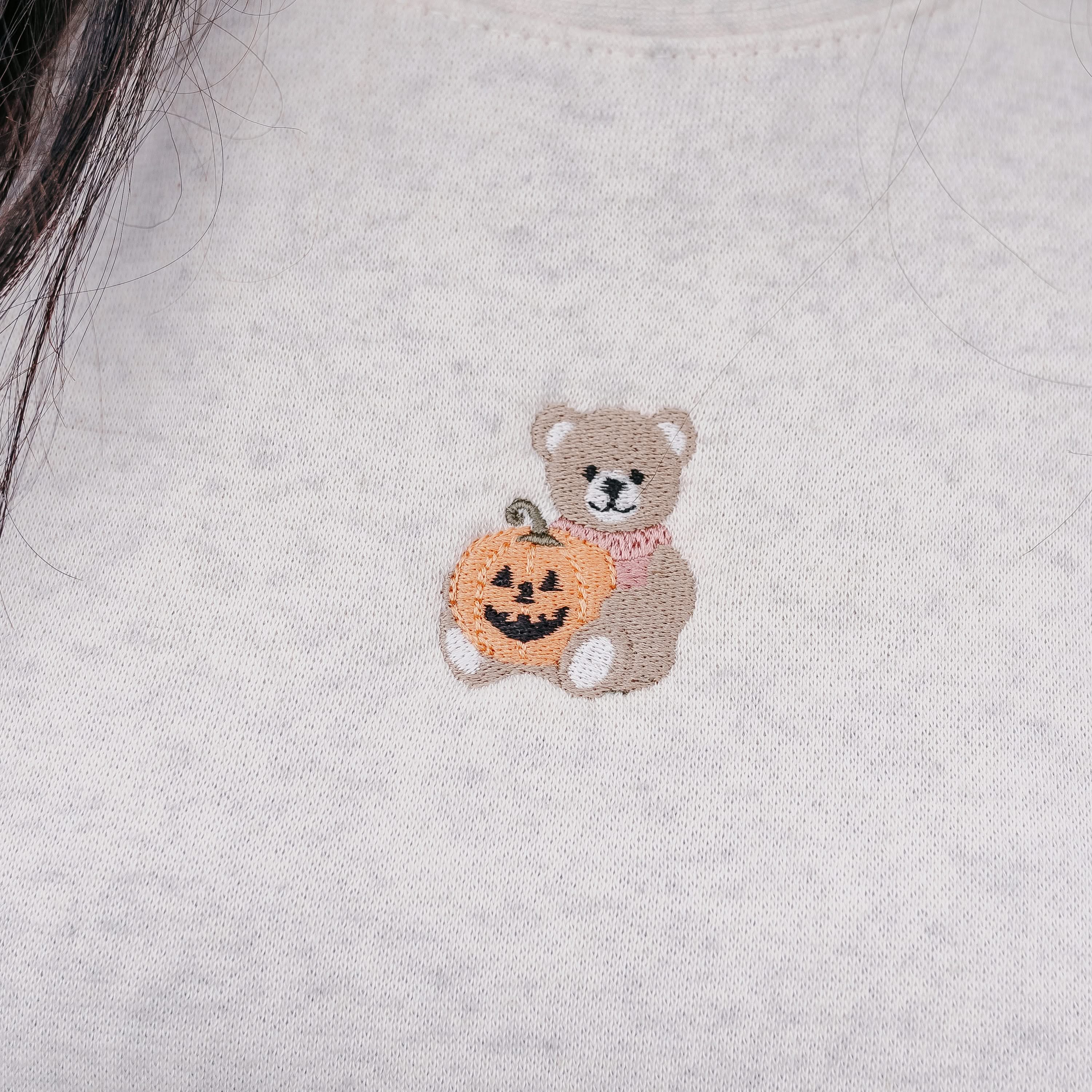 Teddy Bear Jack-o-Lantern - Natural Heather - Embroidered ELEVATED Fleece Little Mama Shirt Shop LLC