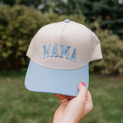 Adult natural hat with blue bill and puff embroidered MAMA text – Little Mama Shirt Shop