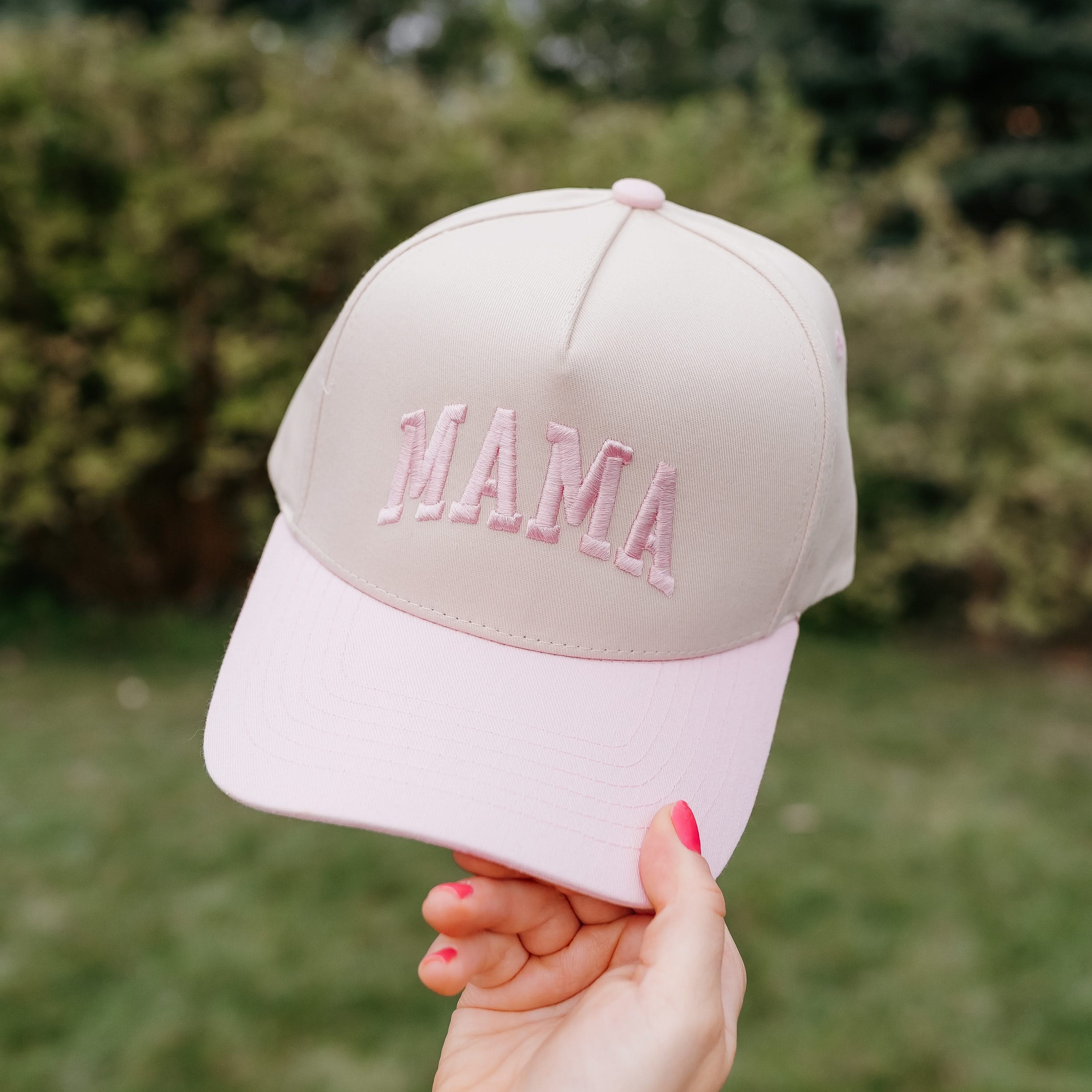 Adult natural hat with pink bill and puff embroidered MAMA text – Little Mama Shirt Shop