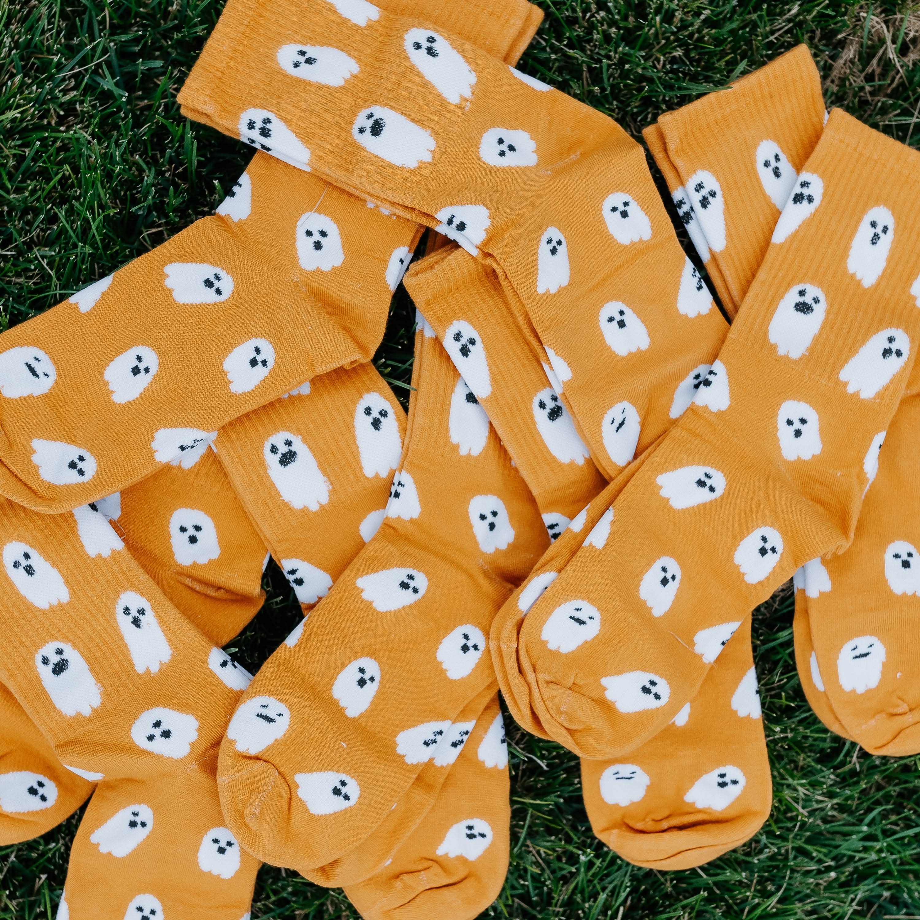 LMSS® CREW SOCKS - Light Orange w/ Ghosts - Adult Size Little Mama Shirt Shop