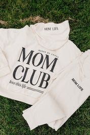 Hoodie and jogger set in bone with black 'Mom Club' graphic on flat lay - Little Mama Shirt Shop