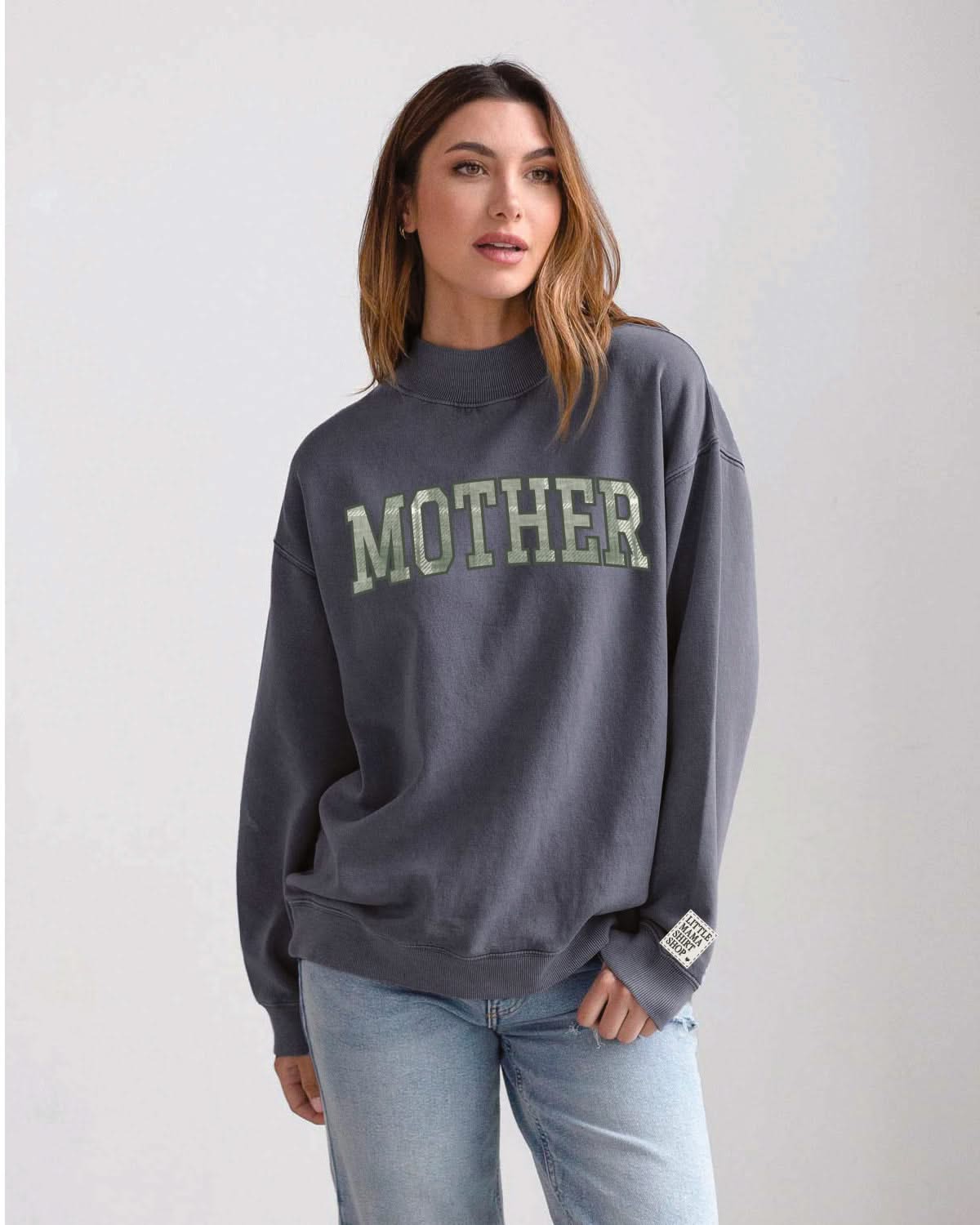 'Mother' Nantucket Mock-neck | Sage Plaid Pattern | Applique Embroidery Little Mama Shirt Shop LLC