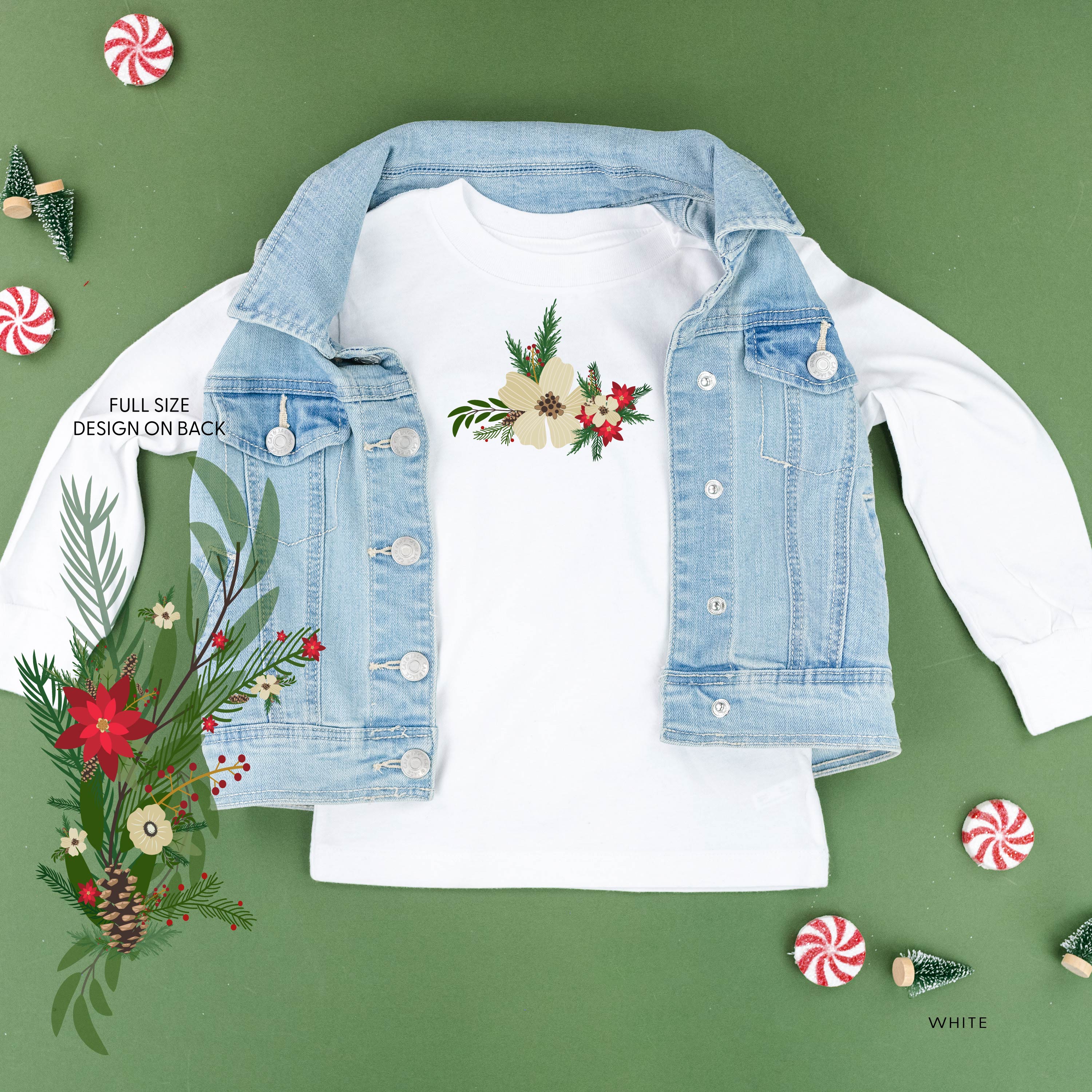 Poinsettia & Winter Flower Cascade (centered & b) - Child LONG SLEEVE Tee Little Mama Shirt Shop