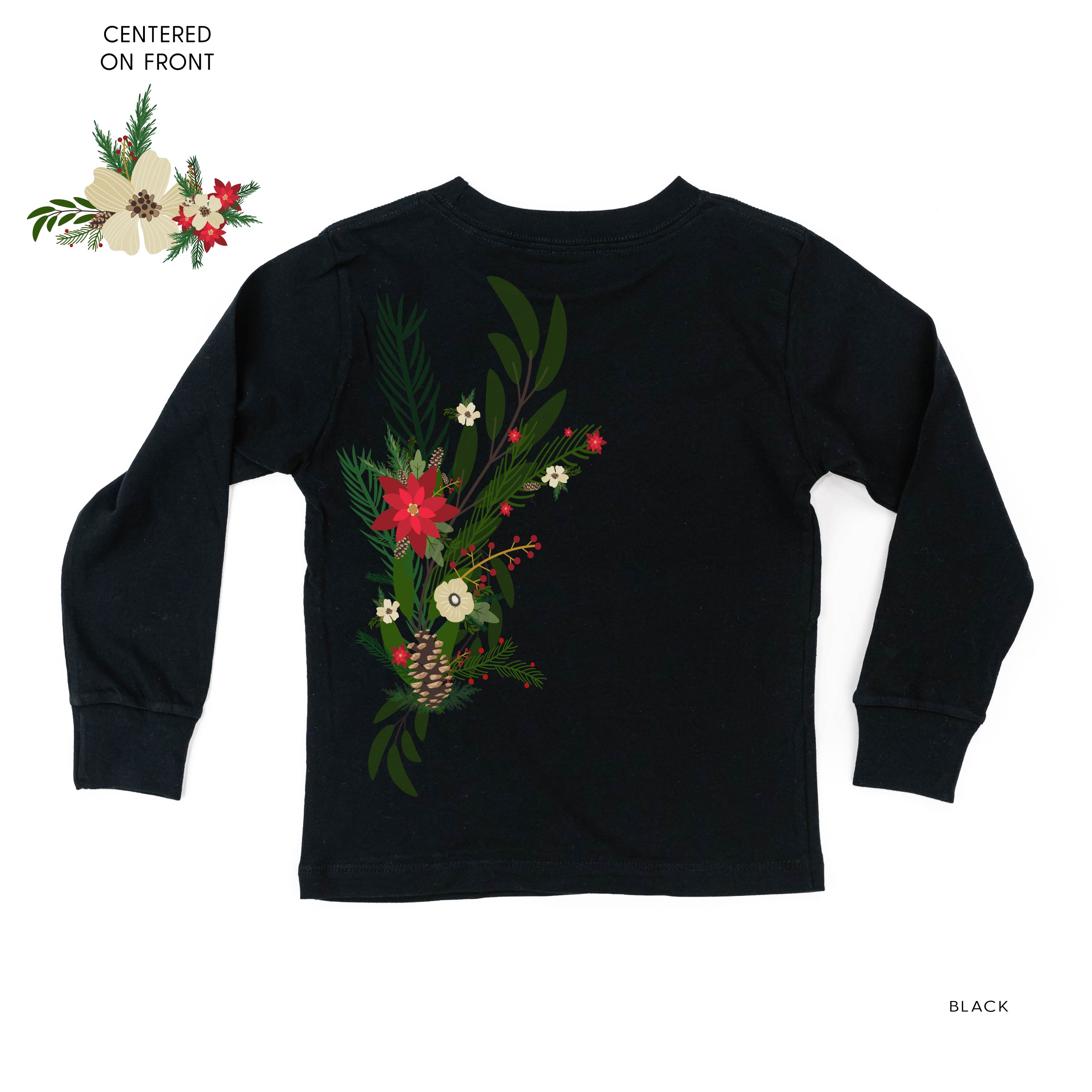 Poinsettia & Winter Flower Cascade (centered & b) - Child LONG SLEEVE Tee Little Mama Shirt Shop
