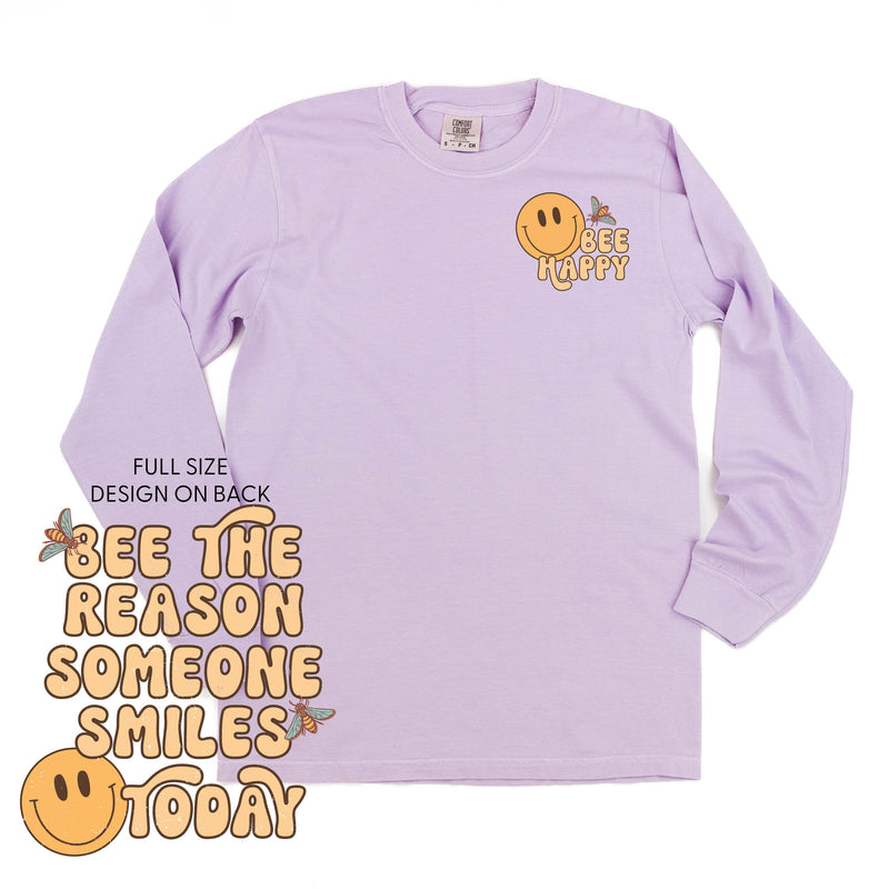Bee Happy (Pocket) on Front w/ Bee the Reason Someone Smiles Today on Back - LONG SLEEVE COMFORT COLORS TEE