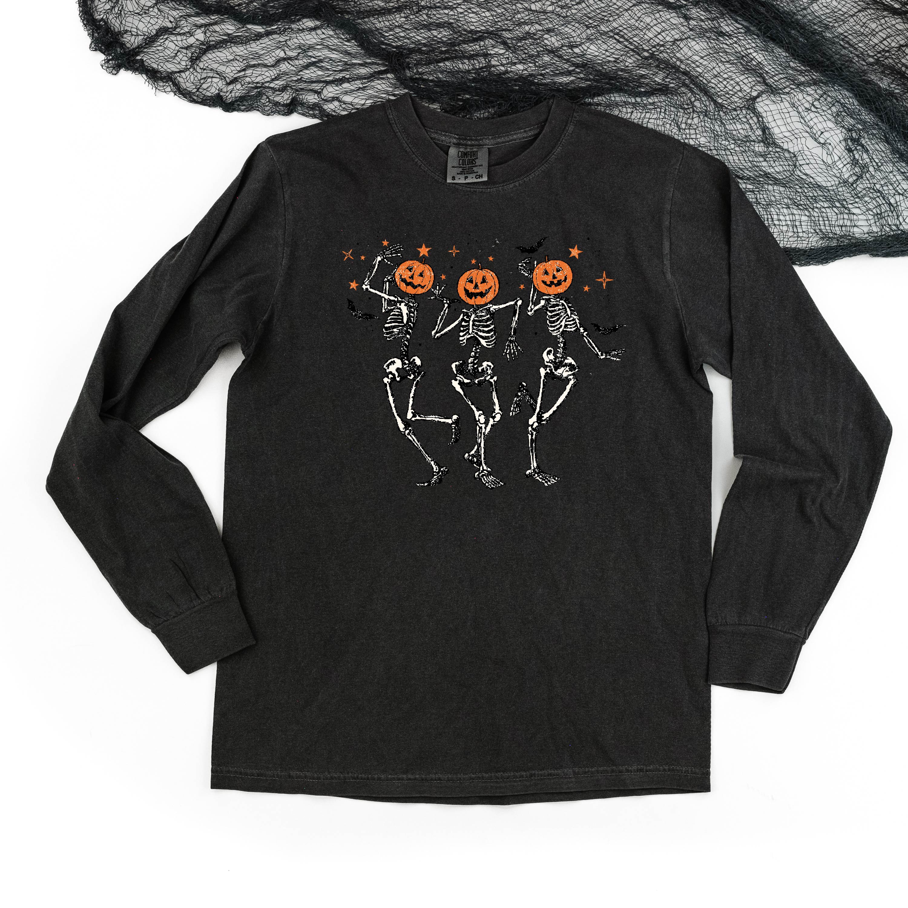 Pumpkin Head Dancing Skellies - Long Sleeve Comfort Colors Tee Little Mama Shirt Shop