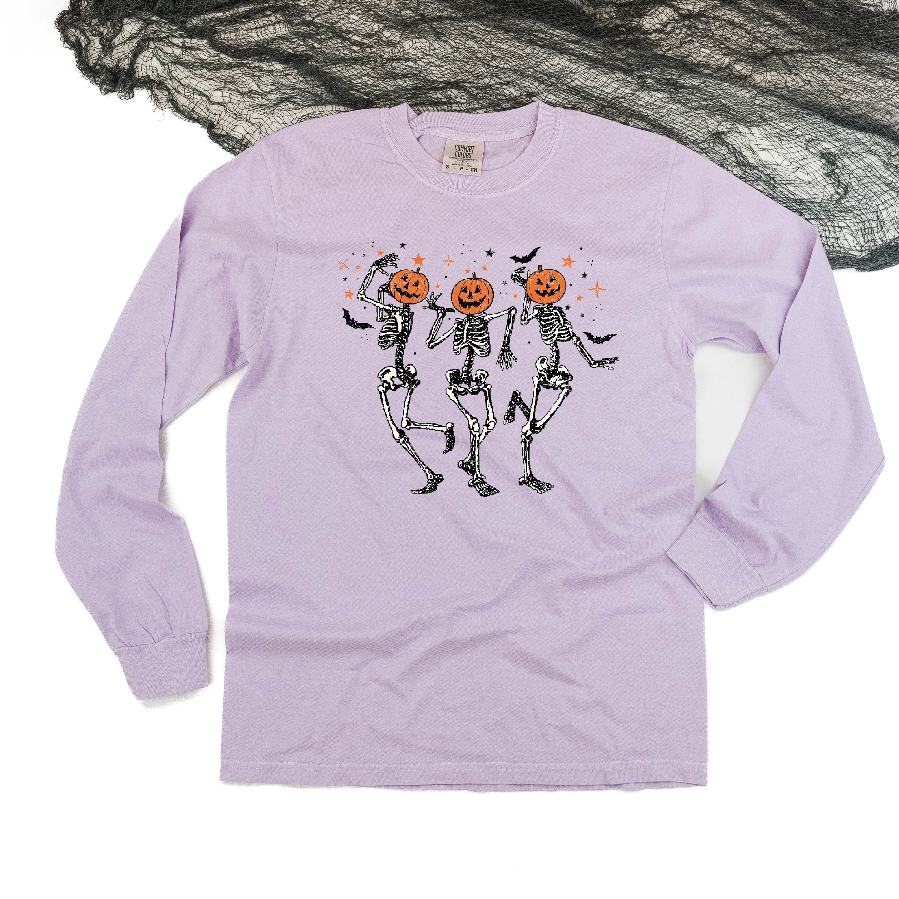 Pumpkin Head Dancing Skellies - Long Sleeve Comfort Colors Tee Little Mama Shirt Shop