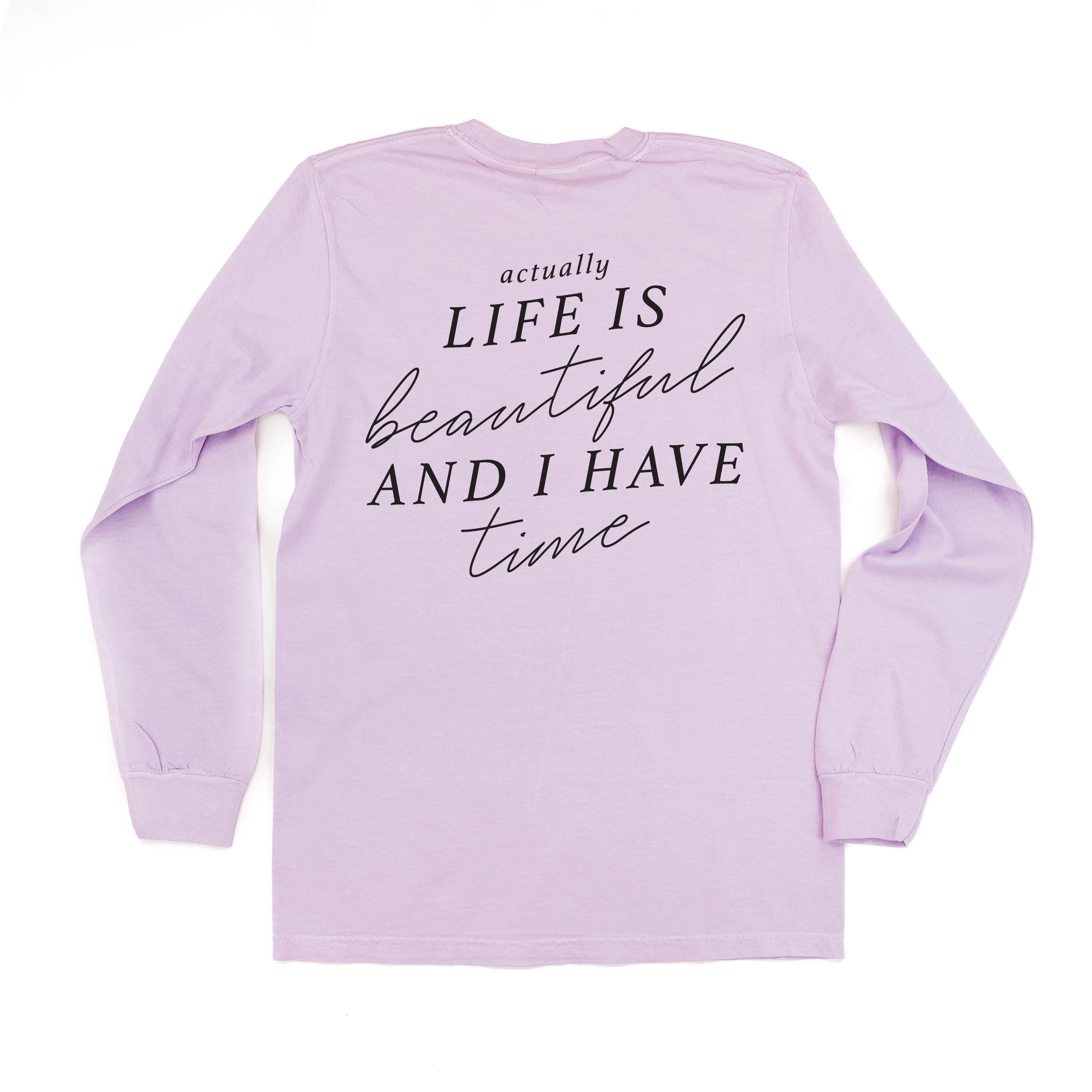 Flower Diamond (Pocket Front) w/ Actually Life is Beautiful and I Have Time (Back) - Long Sleeve Comfort Colors Tee Little Mama Shirt Shop
