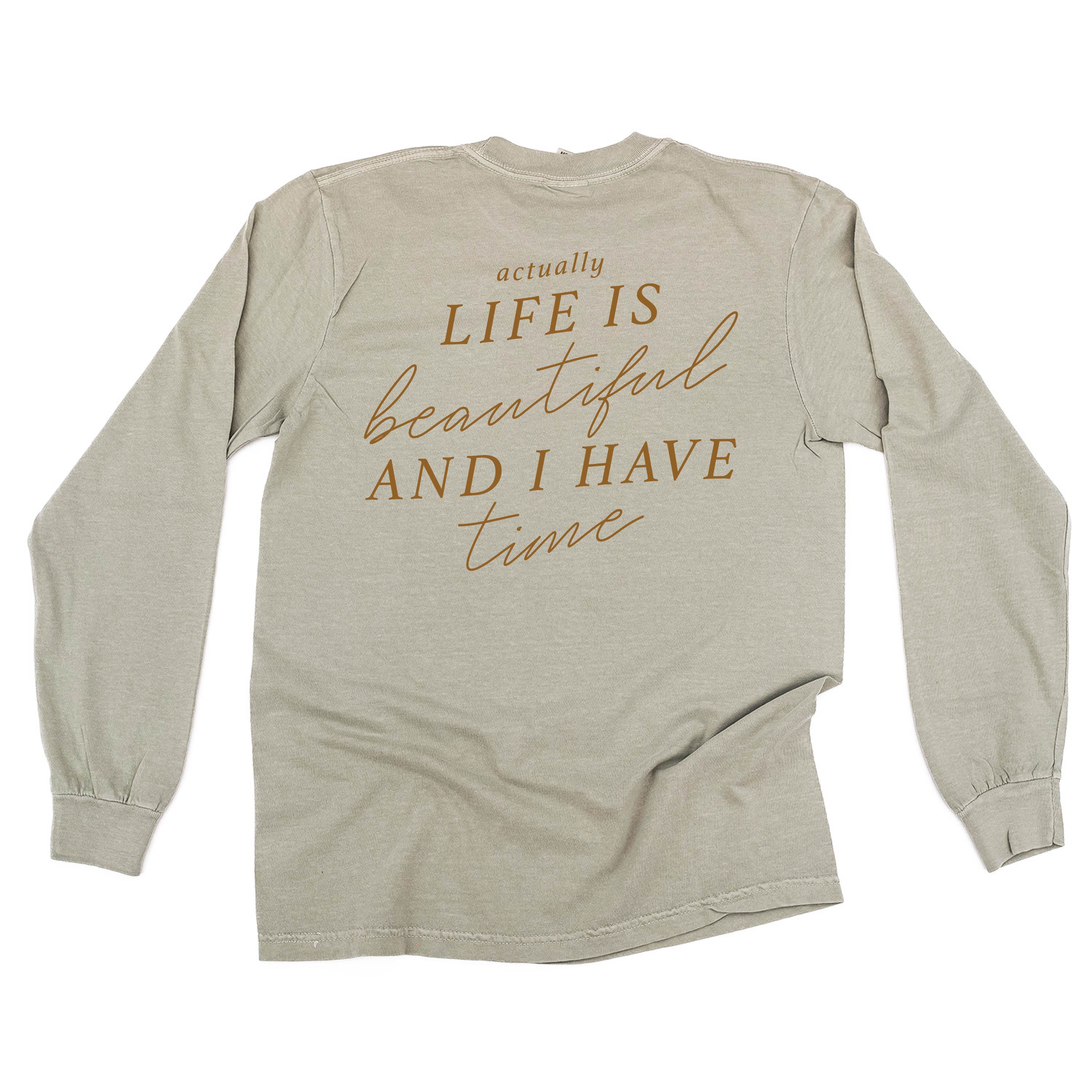 Flower Diamond (Pocket Front) w/ Actually Life is Beautiful and I Have Time (Back) - Long Sleeve Comfort Colors Tee Little Mama Shirt Shop