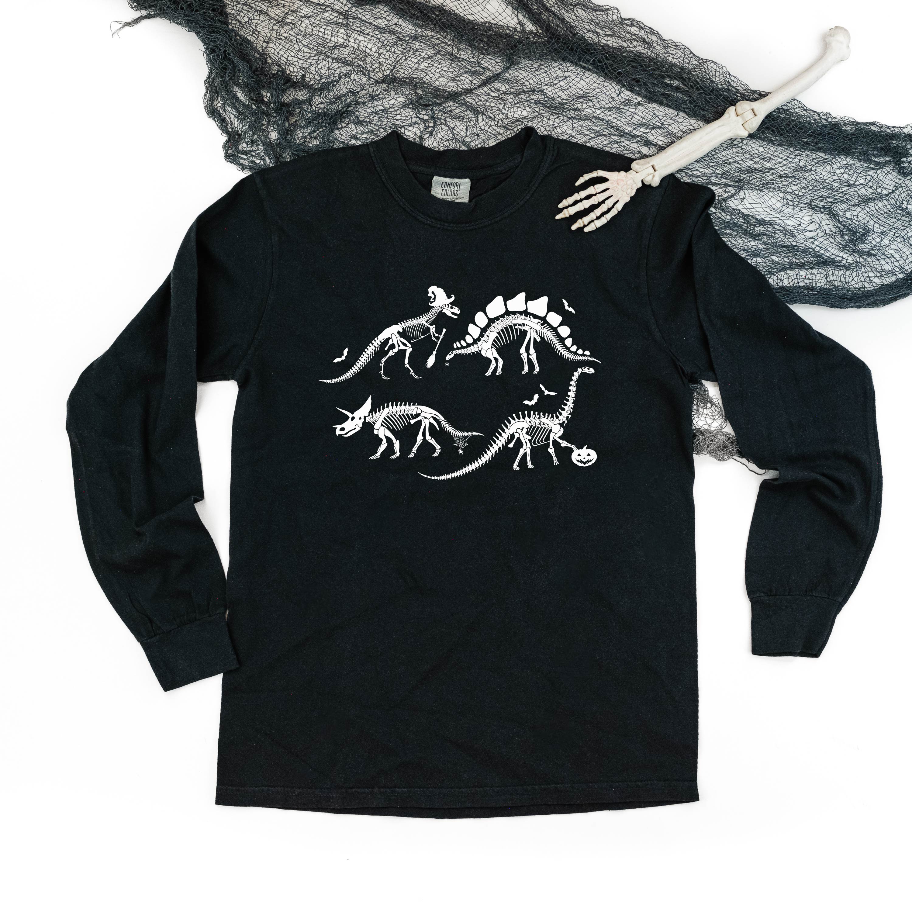 Four Dinosaur Skeletons - Long Sleeve Comfort Colors Tee Little Mama Shirt Shop