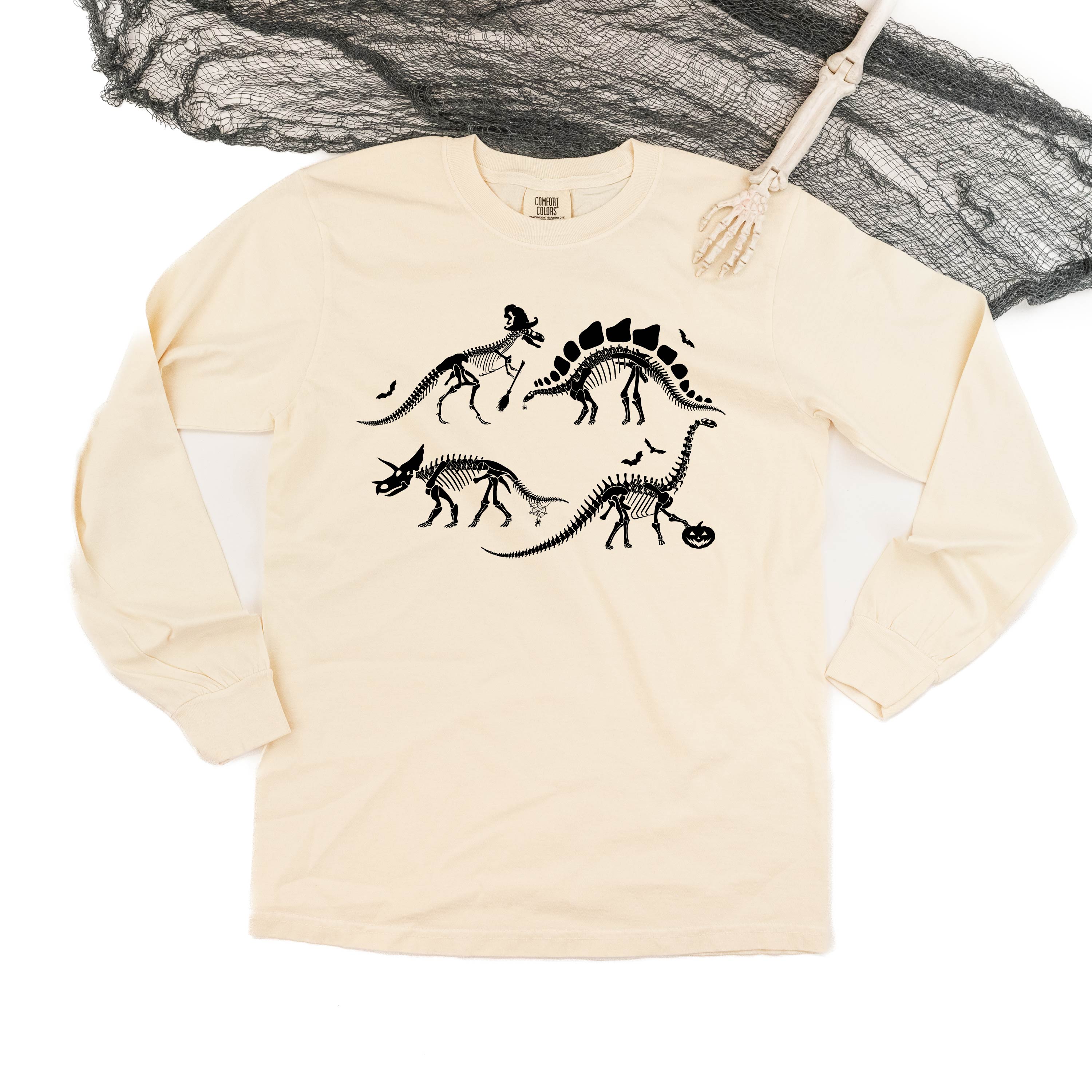Four Dinosaur Skeletons - Long Sleeve Comfort Colors Tee Little Mama Shirt Shop