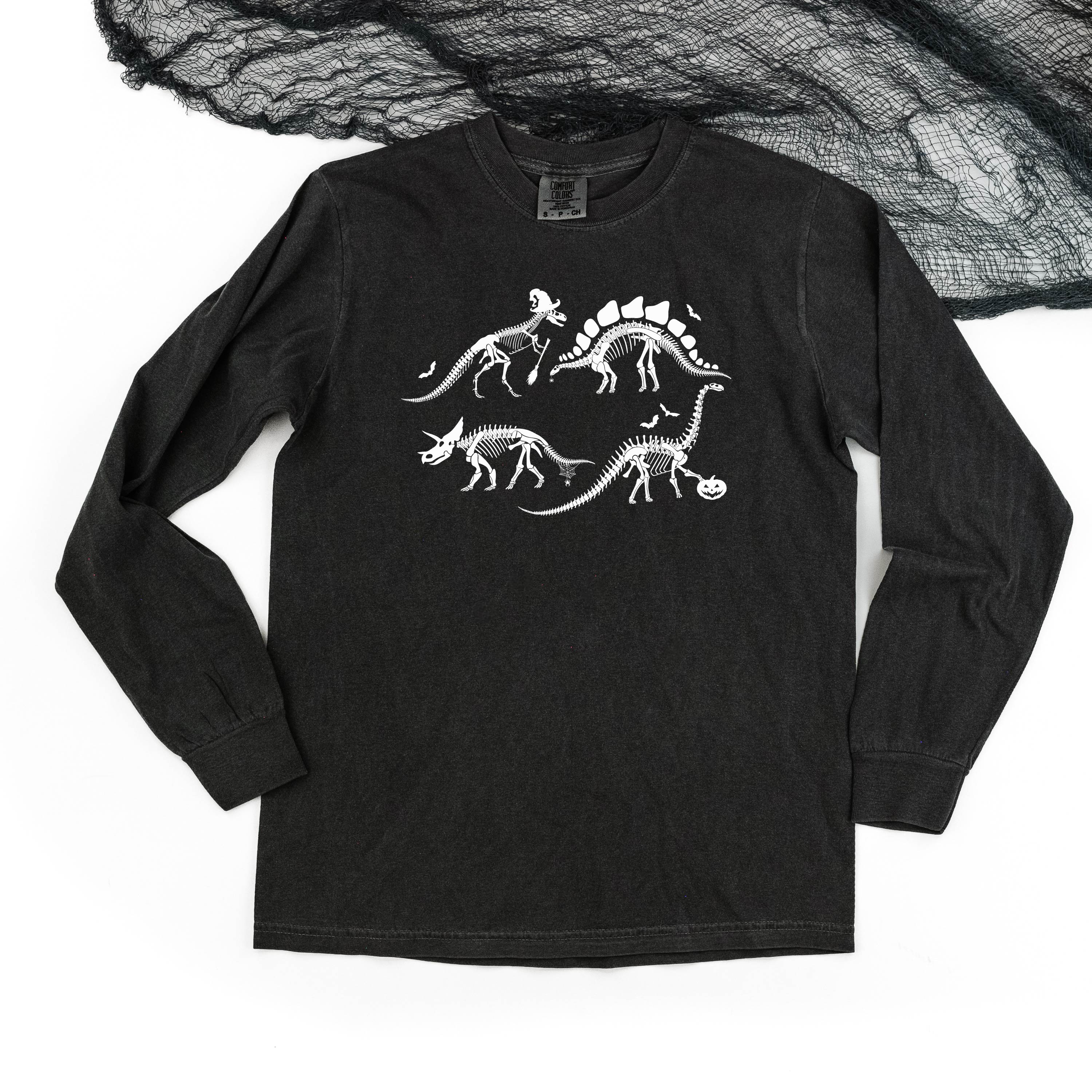 Four Dinosaur Skeletons - Long Sleeve Comfort Colors Tee Little Mama Shirt Shop